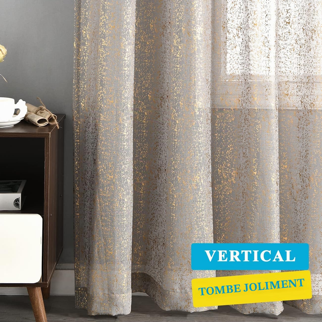 TERLYTEX Lot de 2 panneaux de voilages gris et dorés de 213,4 cm de long, voilages à paillettes en feuille d'or métallique pour salon, rideaux de fenêtre transparents avec passe-tringle, 132,1 x 213,4