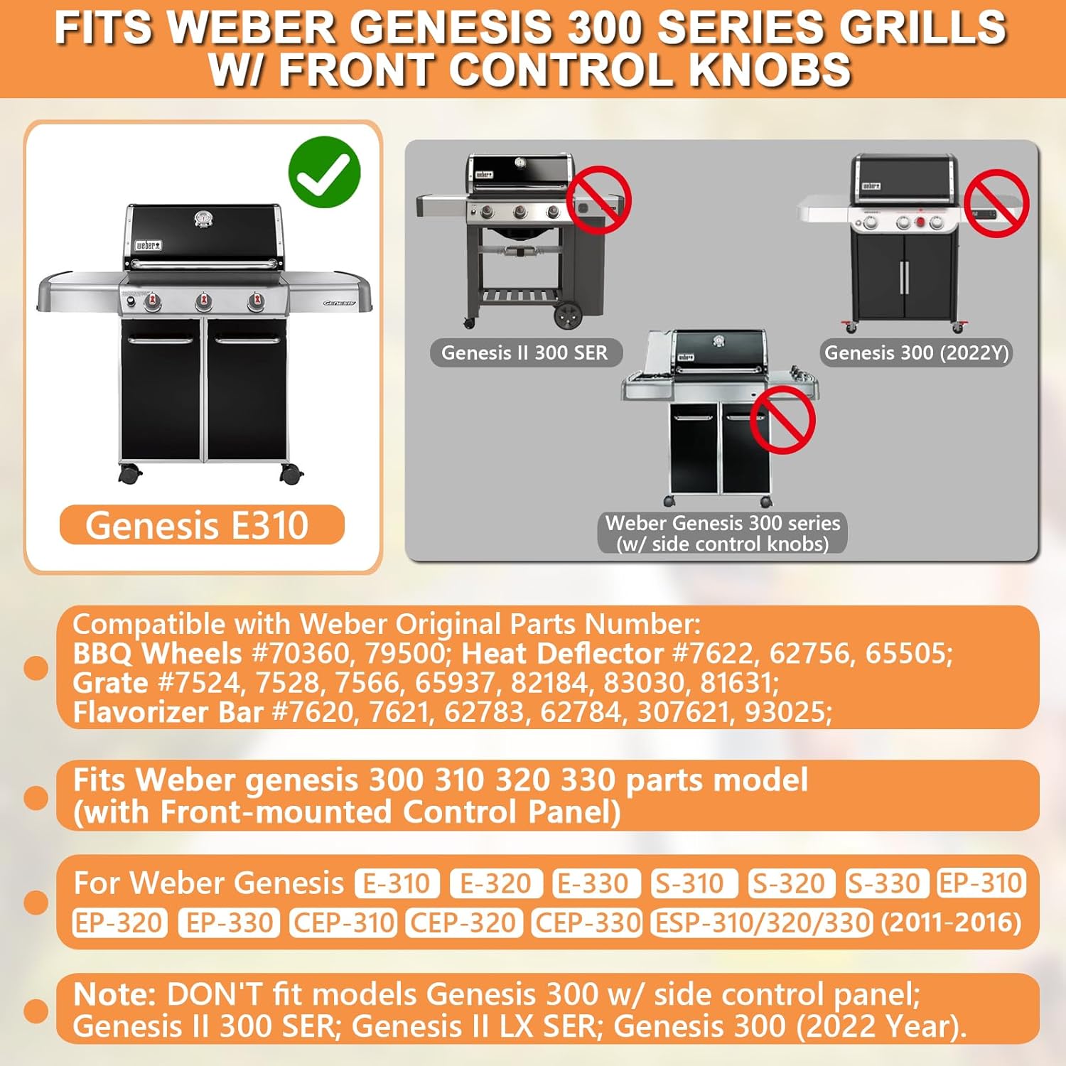 Grill Parts for Weber Genesis 300 SER (w/Front Control Knobs), for Weber Flavorizer Bars 7620 7621, Grill Grates 7528 7524, Heat Deflectors 7622 62756 & 70360 Locking Caster w/Insert