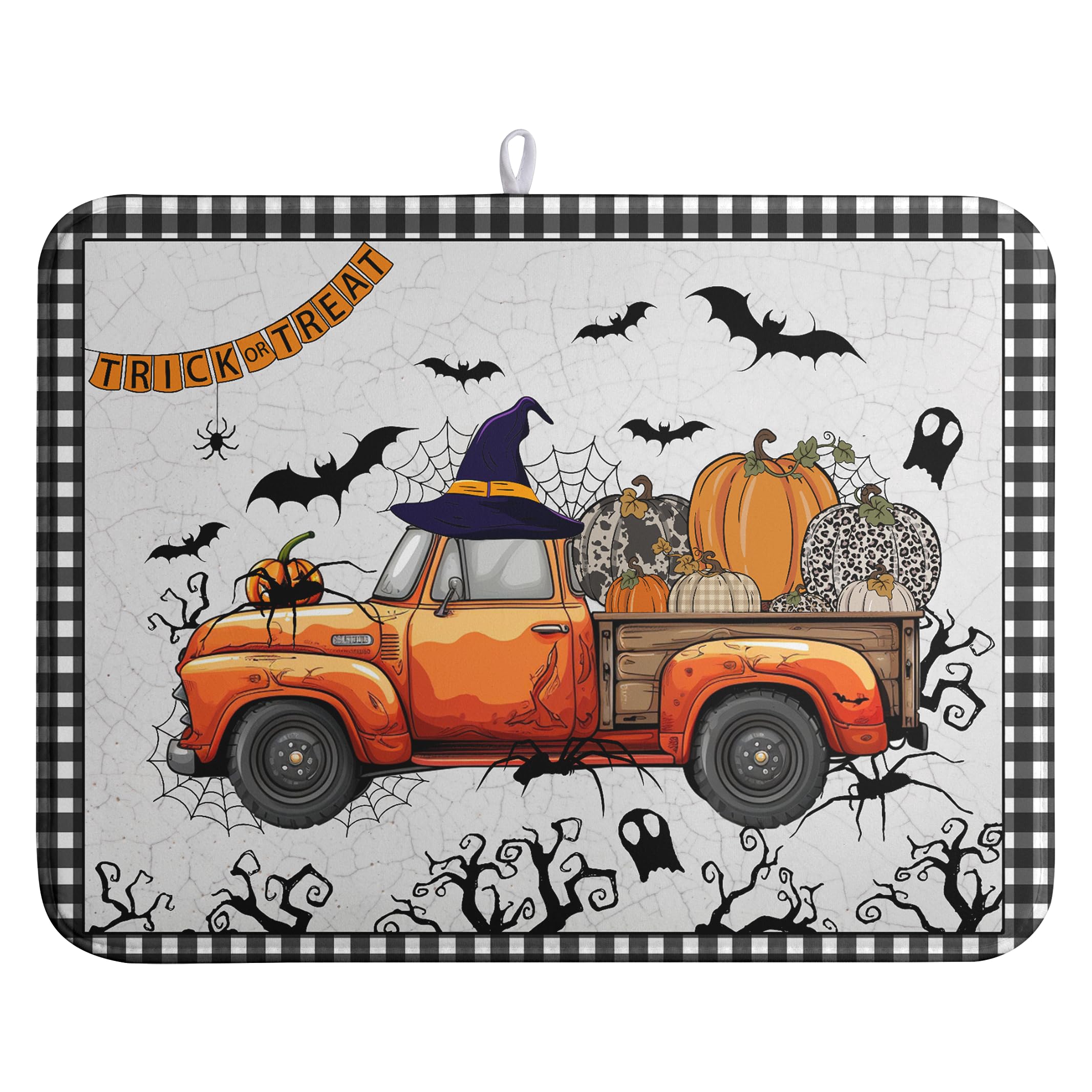 Happy Halloween Pumpkin Truck Dish Drying Mat For Kitchen Trick or Treat Microfiber Absorbent Dish Drying Mats Spooky Black Bat Ghost Self Dish Draining Mat 18x24 In Coffee Bar Spill Pad Decoration
