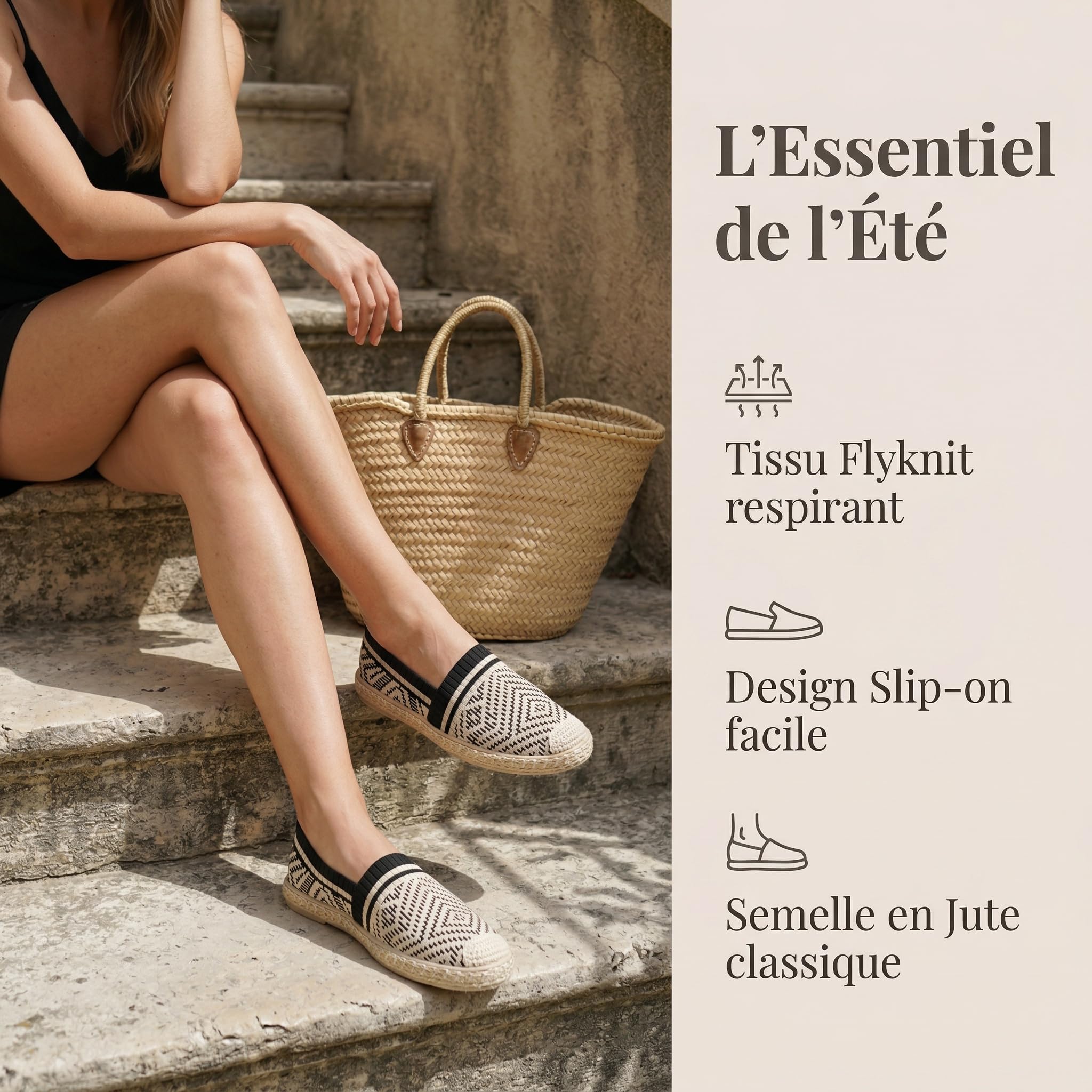 GLAMORA Espadrilles Femme Maille Tricotée Ballerines Plates Slip-on Respirantes Semelle Corde Tressée Antidérapante Chaussures Légères Souples Confort Tricot Stretch Mocassins Été