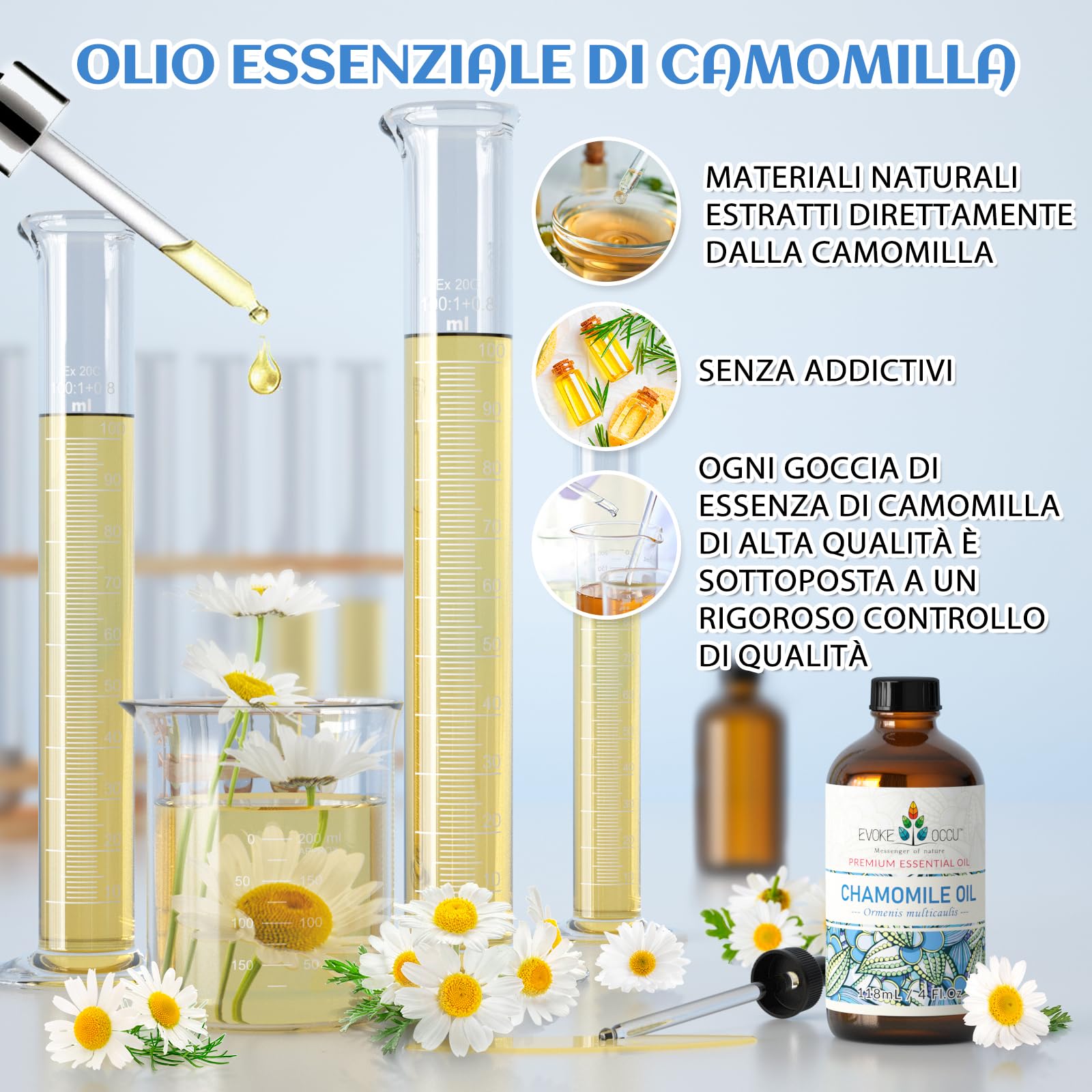 EVOKE OCCU Olio Essenziale Camomilla 118ML, Puro per Calma L'umore, Rilassa il Sonno, Idrata la Pelle, Aromaterapia, Diffusore