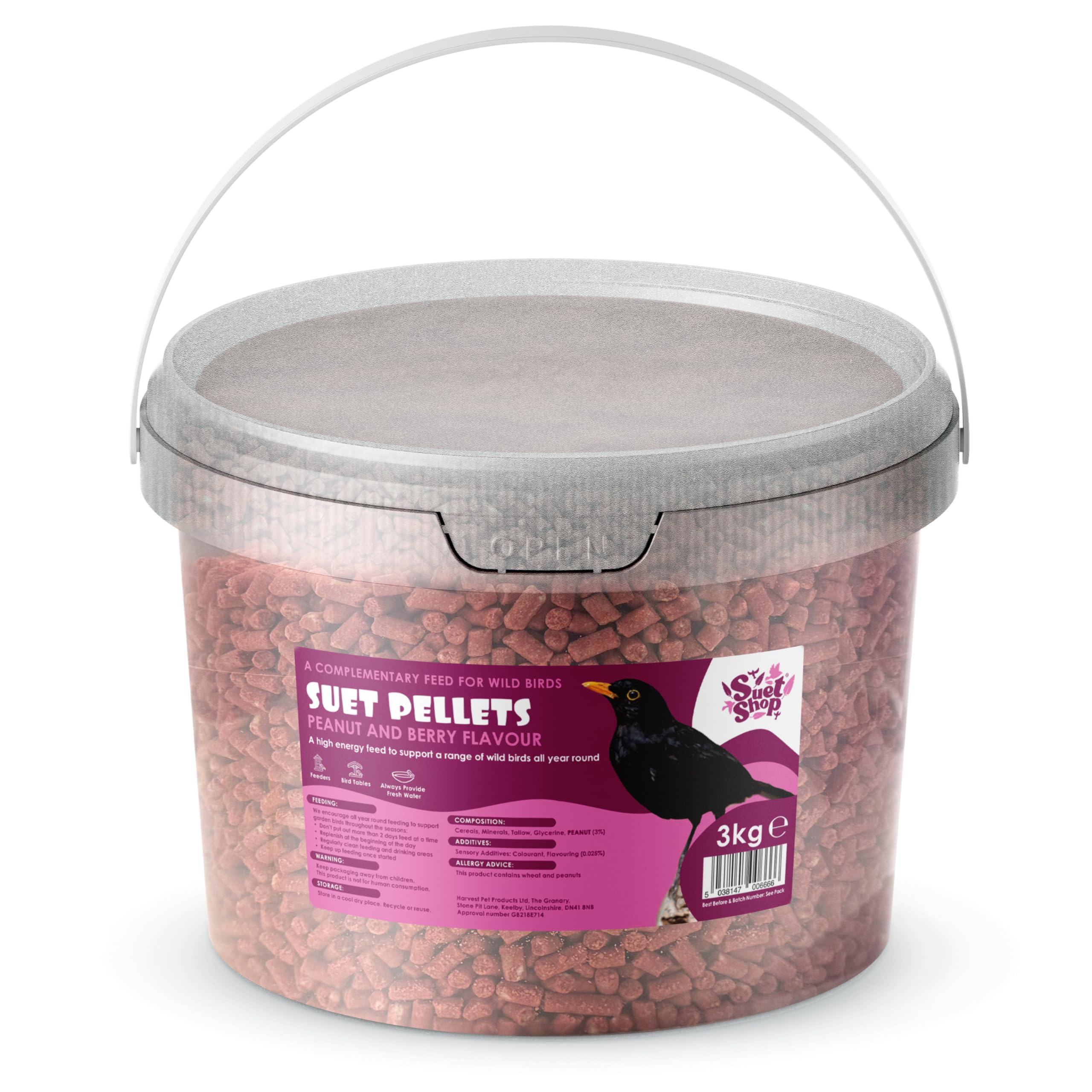 Suet Shop - Peanut & Berry Flavoured Suet Pellets, 3kg Resealable Tub - Wild Bird Food Enriched with Human Grade Beef Tallow, High in Energy & Protein - All-Season Bird Feed - Manufactured In The UK
