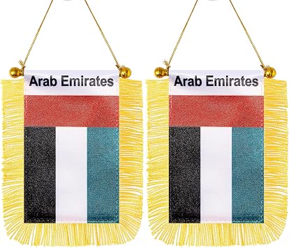CANTENDO 2 Pack United Arab Emirates Window Hanging Flag,Mini United Arab Emirates Car Flag with Pole Tassel Suction Cup Rearview Mirror Decoration3x5 Inch