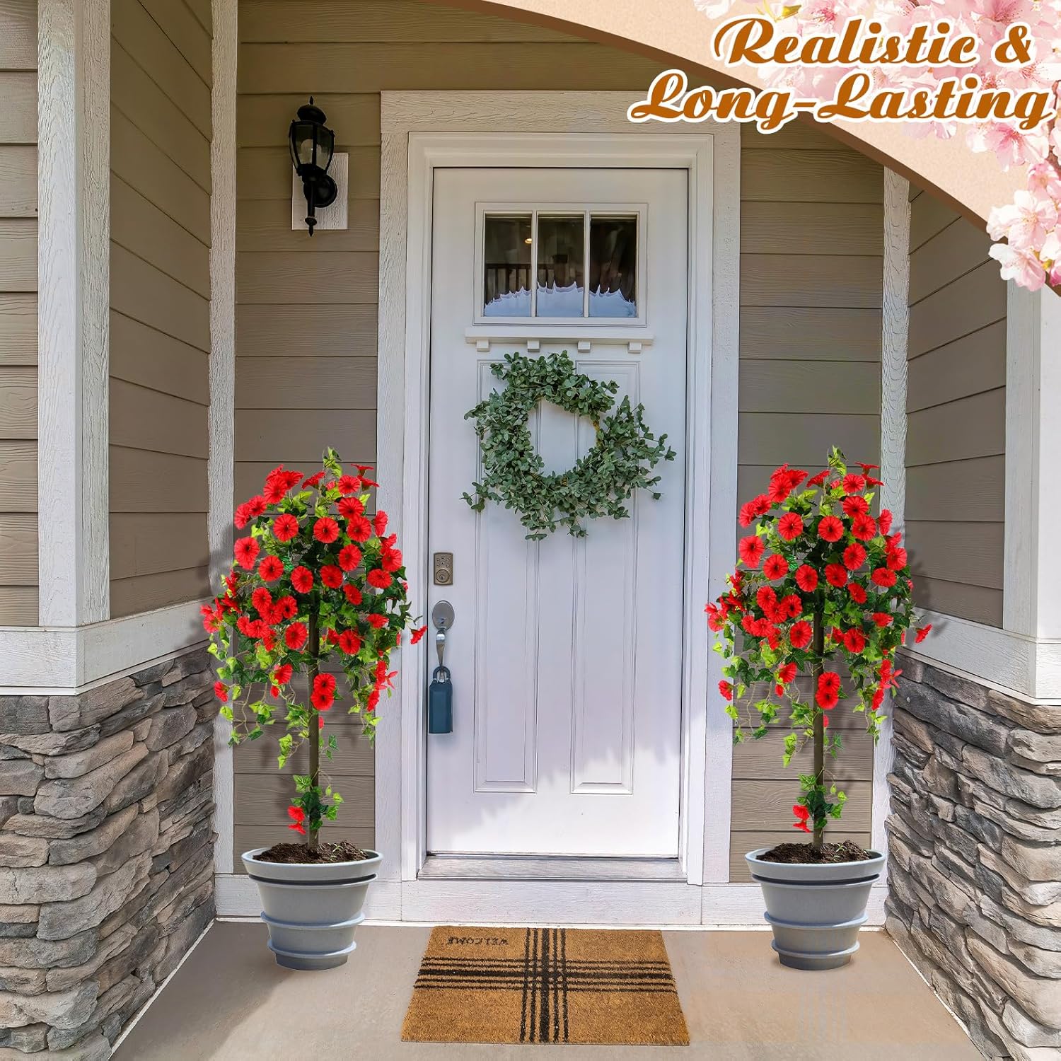 Daifunli 2 Pack Artificial Trees Faux Flowers 4Ft Tall Faux Morning Glory Trees with Ground Spike Lifelike Fake Plants for Outdoor Indoor Office Wedding Home Decoration(Rose Red)