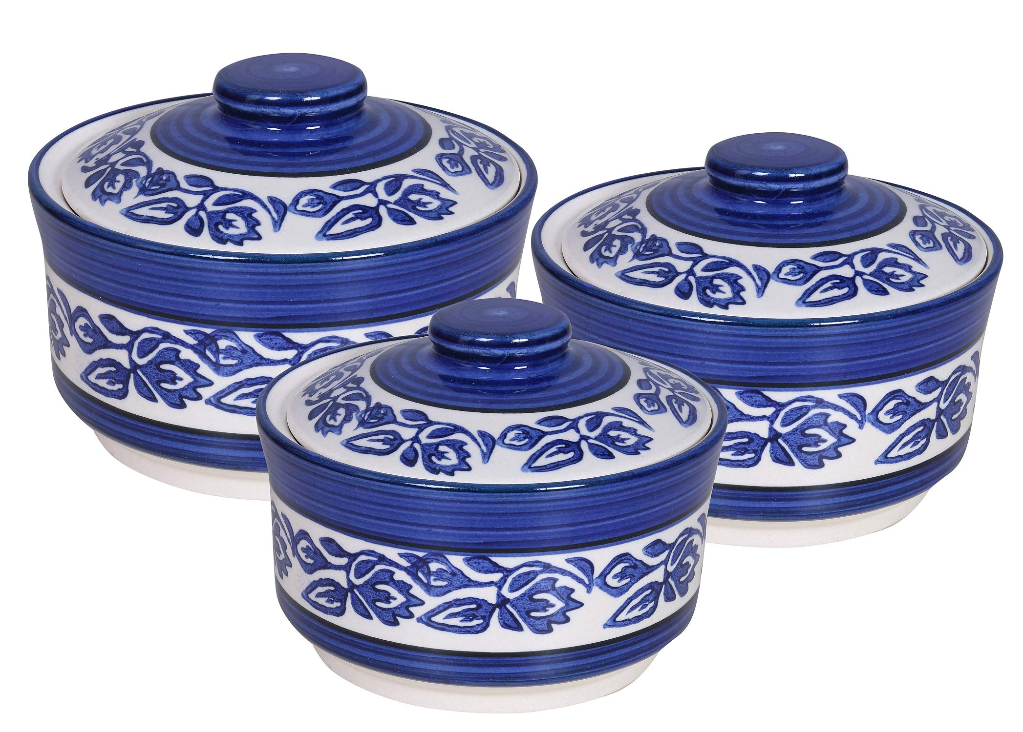 RAJ ROYAL Handpainted Ceramic Dessert Caseroll Set 3 Peices Multipurpose Food Storage Container Donga with Lid Kitchen Casserole Set for Serving