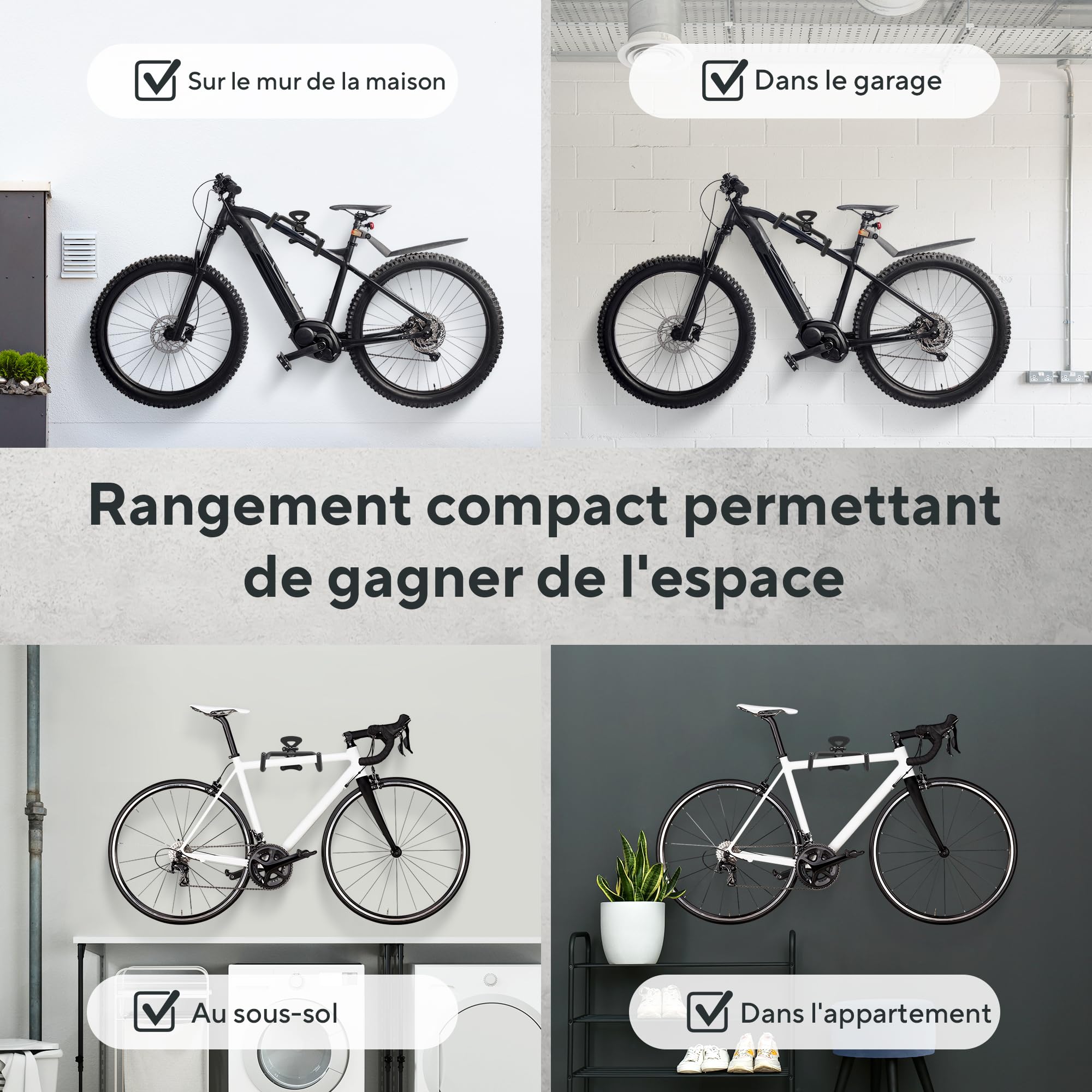Support Velo Mural Horizontal Pliable – Porte Velo Mural pour E-Bike, VTT, Gravel et Route Jusqu’à 25 kg | Support Vélo Garage, Cave, Appartement avec Protection Cadre