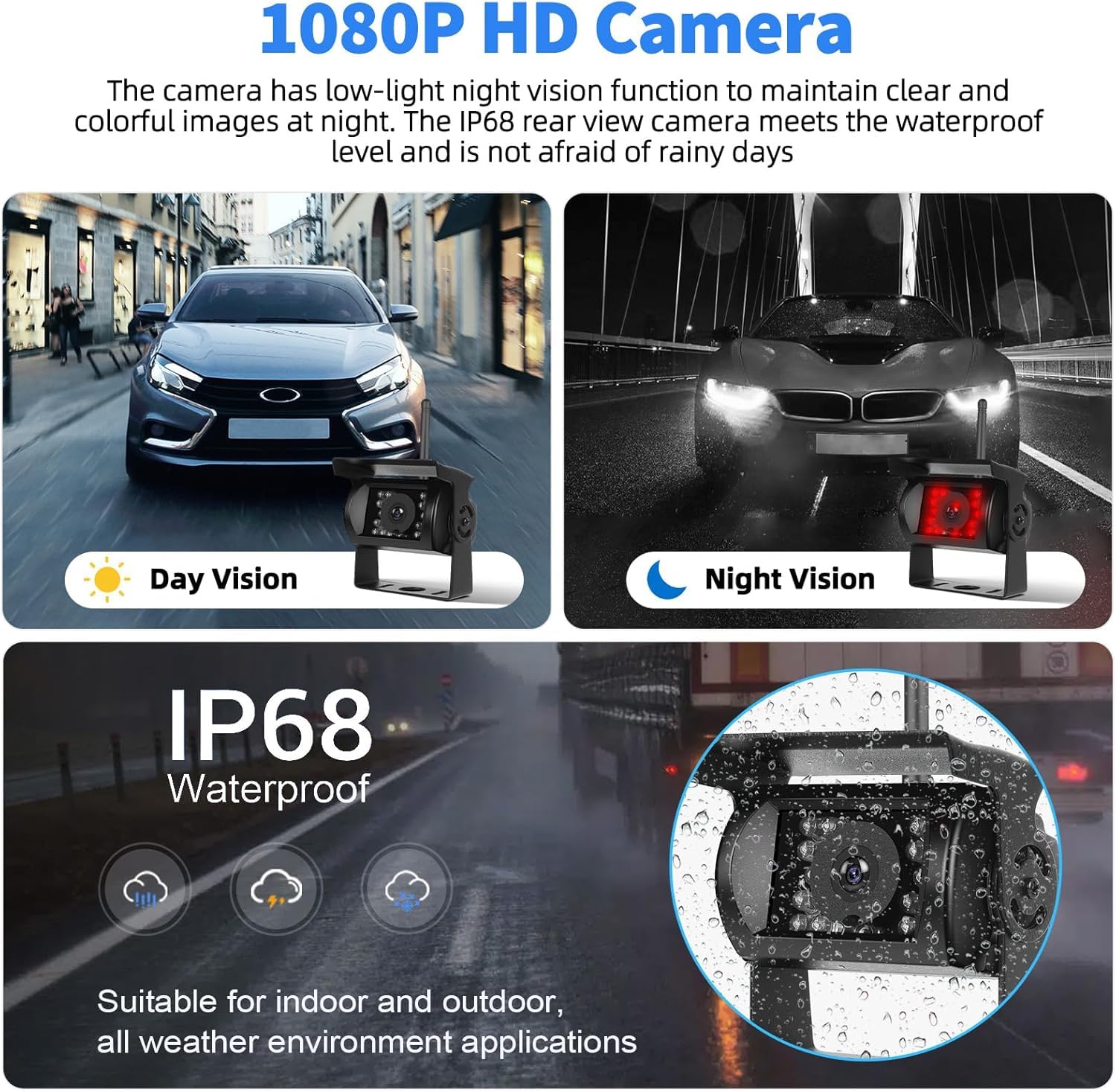 Telecamera di retromarcia senza fili 1080p per campeggio car schermo 7 pollici 4 canali visione notturna impermeabile IP69 per camion, camper, furgone, SUV, pick-up, con BSD