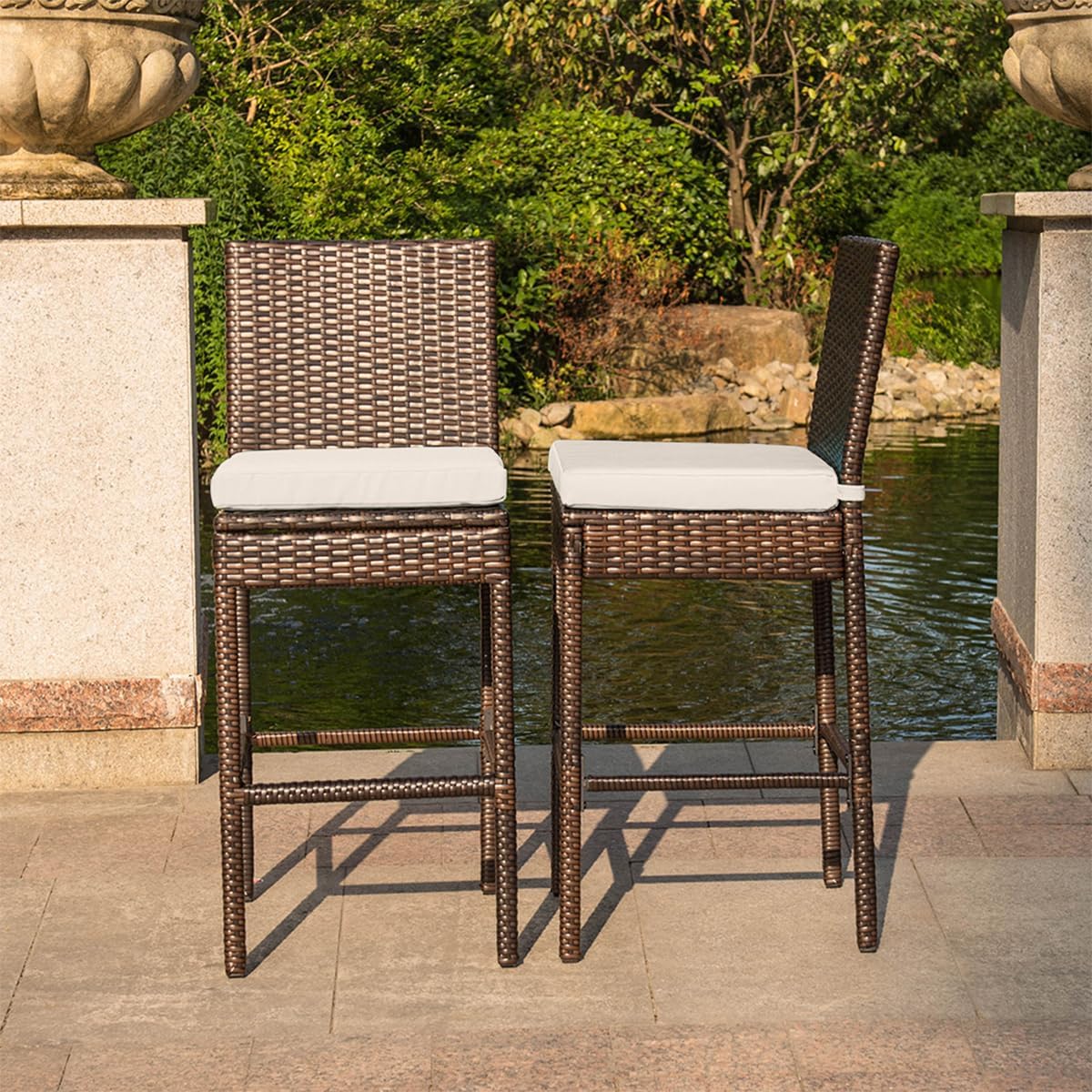 Sundale Outdoor Wicker Bar Stool Set of 2, 30 Inch Seat Height Patio Counter Height Stool with Back Rest, Rattan Woven Tall Chair with Pillow & Beige Cushion, High Bar Stool - Steel, Brown
