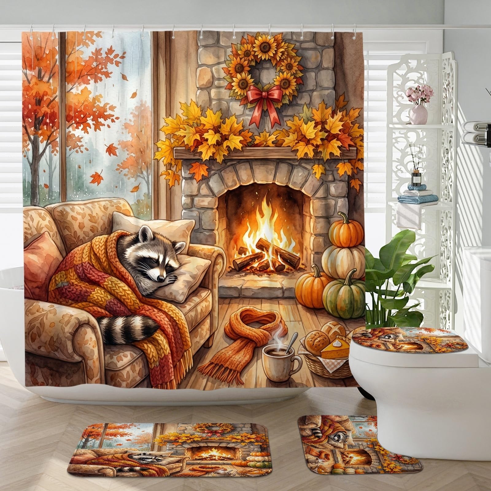 Rideaux de douche d'automne et parure de bain aux finitions textiles soignées
