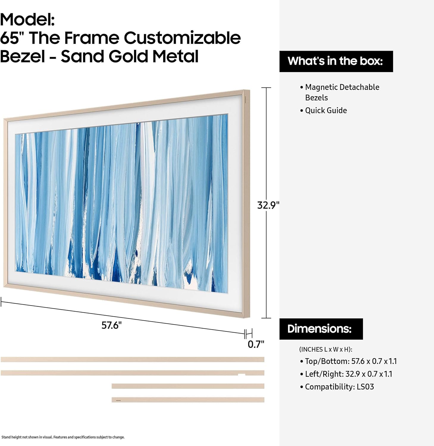 Samsung 65-Inch The Frame Customizable Bezel, Sand Gold Metal, 2026 Model | Magnetic TV Frame, Easy install, Art-like look, Compatible with 65” The Frame and The Frame Pro (2026 Models), VG-SCFH65SGMZA