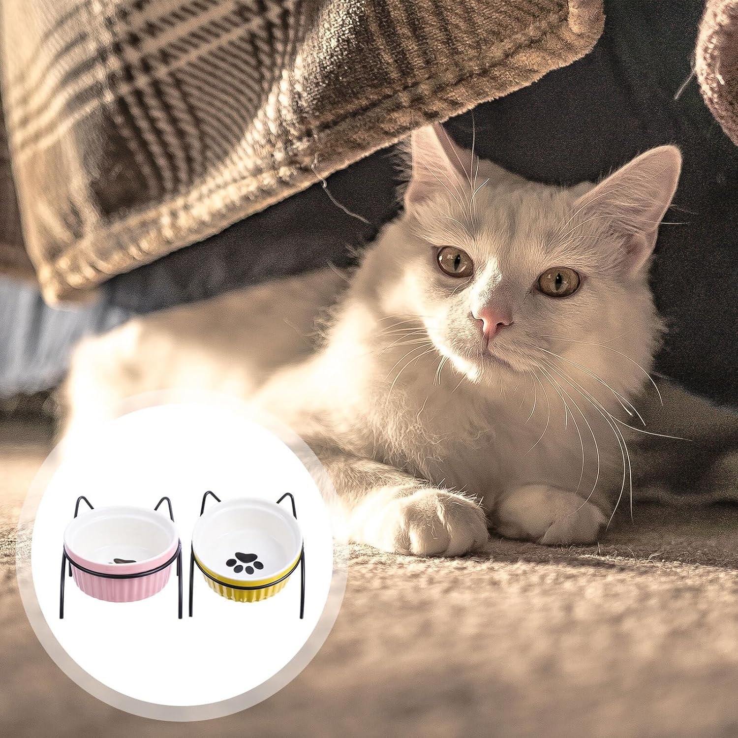 Ceramic Elevated Cat Bowls Set with Iron Stand 4pcs No Spill Raised Pet Food and Water Dishes for Indoor Cats
