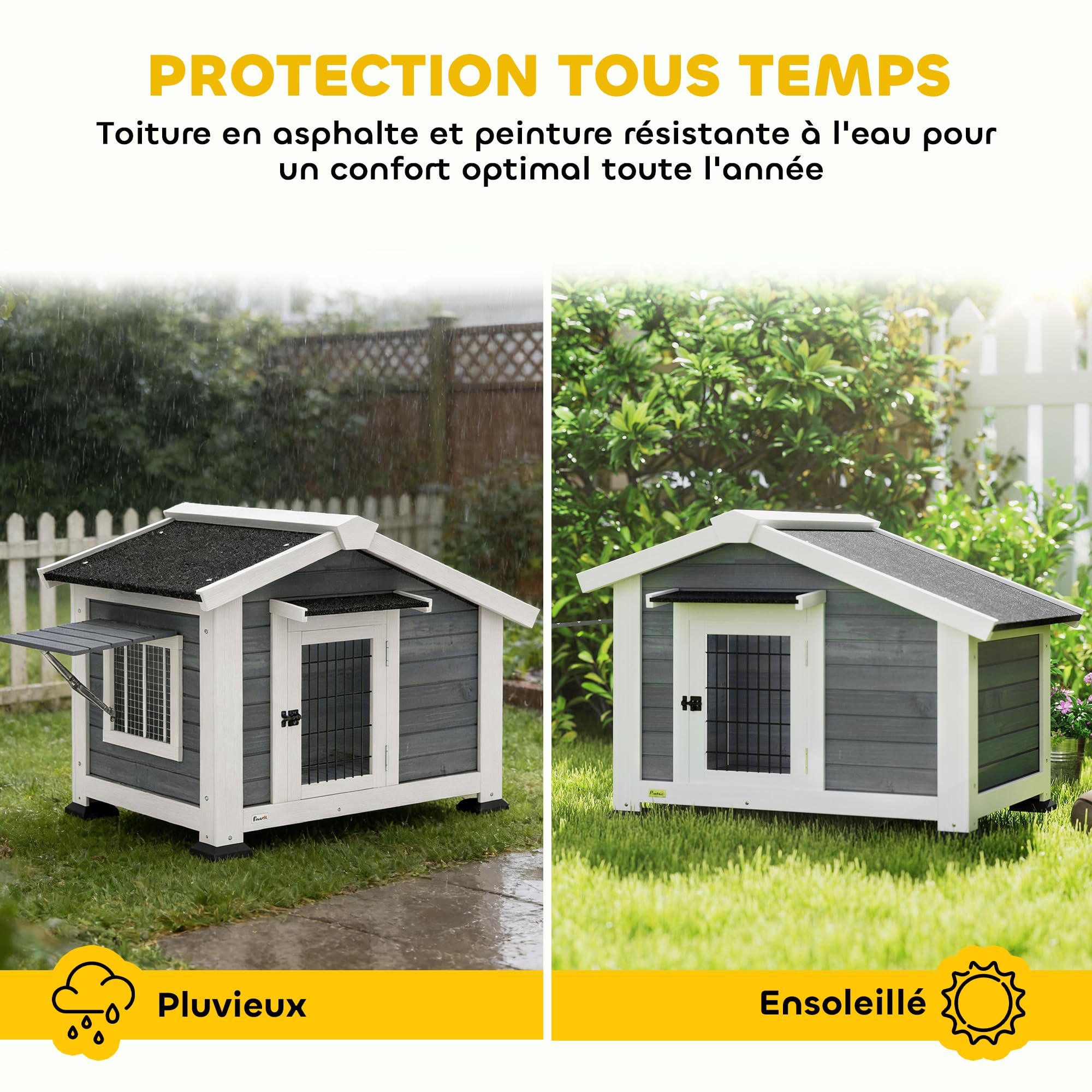 PawHut Niche pour Chien Extérieur en Bois avec Plancher Amovible - Abri Jardin Surélevé avec Auvent de Porte, Toit Imperméable, Fenêtre Ouvrable - Maisonnette pour Chien Chat Moyen et Petit, Gris