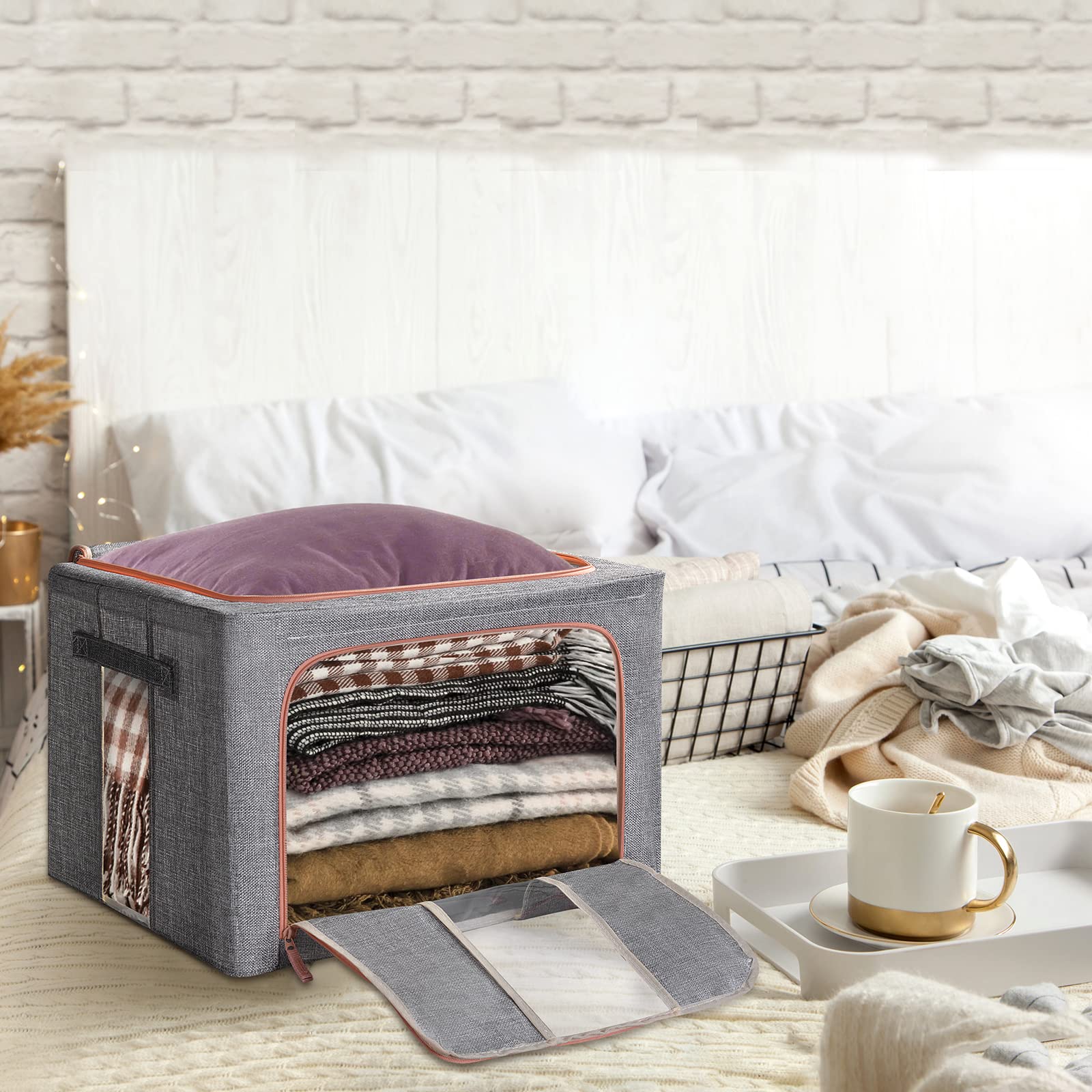Hivexagon Bolsa de almacenamiento de ropa, Conjunto de organizadores Plegables para Bolsas -Soporte de Metal Incorporado, Cremallera de doble apertura, Lino de algodón grueso 3x66L
