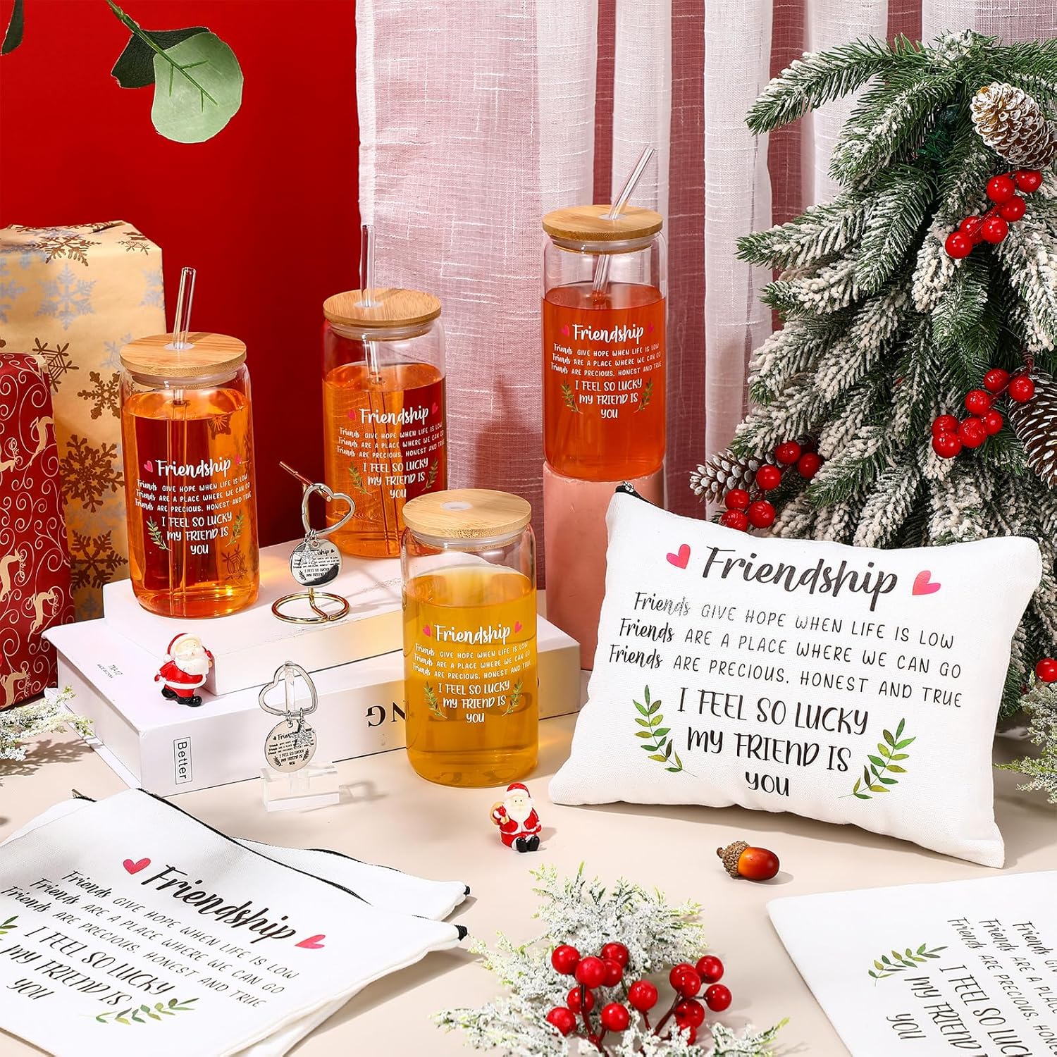 Friendship Gifts for Women 4 Set, Including 16 oz Glass Cups, Friends Makeup Bags and Keychains, Christmas Birthday Gifts for Coworker Sister Roommate(Classic) - Image 5