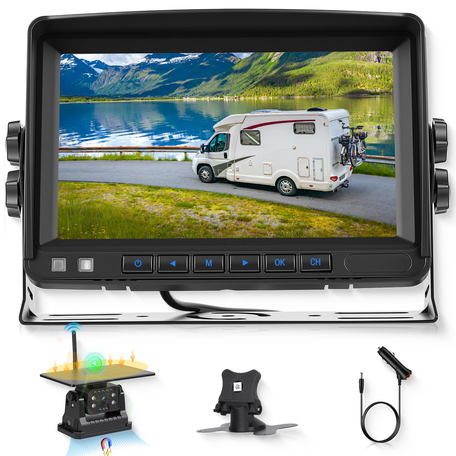 Rimoody Cámara de Retroceso Solar Inalámbrica 720P con Monitor Táctil IPS de 7 Pulgadas, 10000 mAh Magnética IP69, Visión Nocturna Infrarroja, Ángulo 120°, para Coche/Furgoneta/Caravana