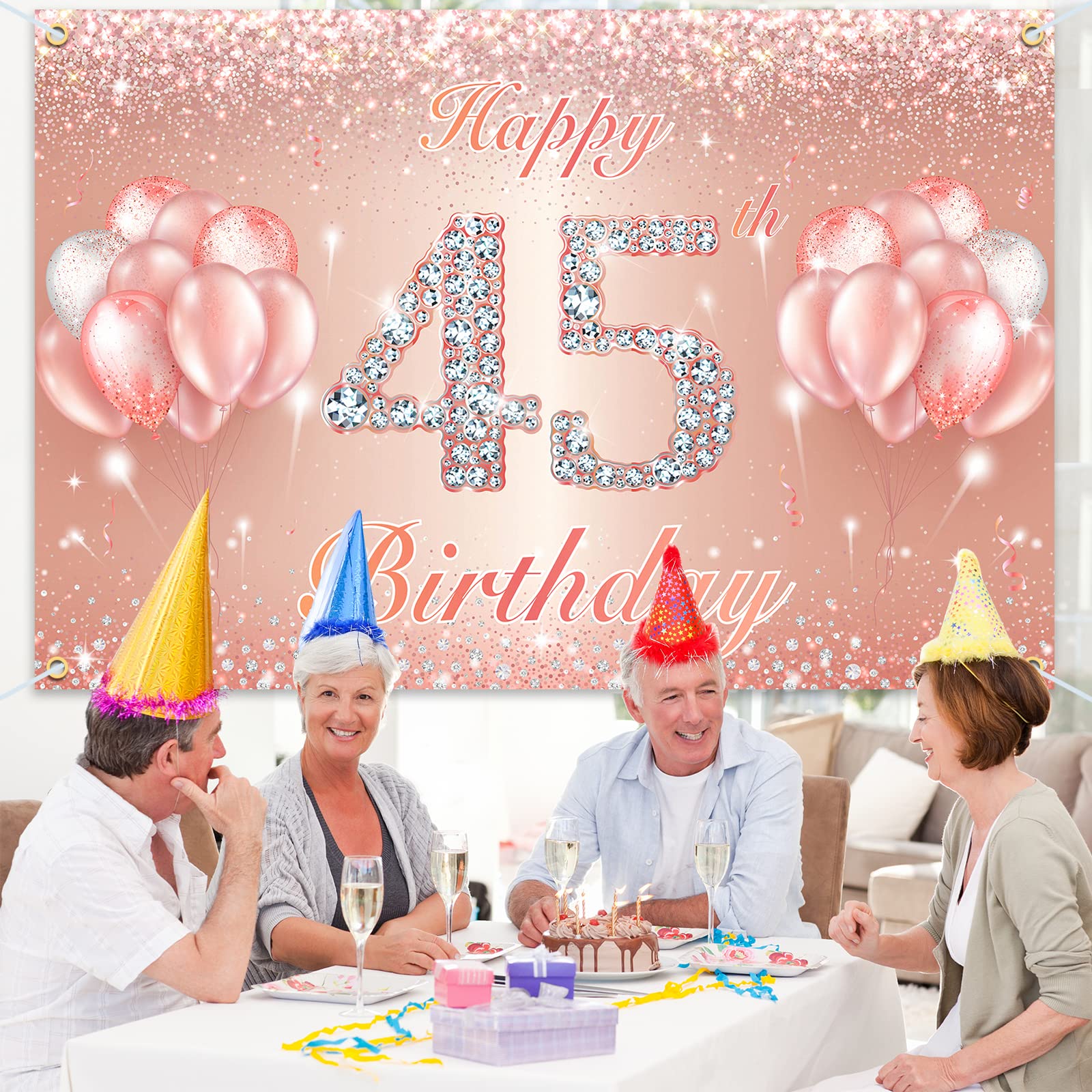 Baner "Happy 45th Birthday" tło - 45 dekoracje na przyjęcie urodzinowe materiały dla kobiet lub mężczyzn - różowe złoto 1,2 x 1,8 m