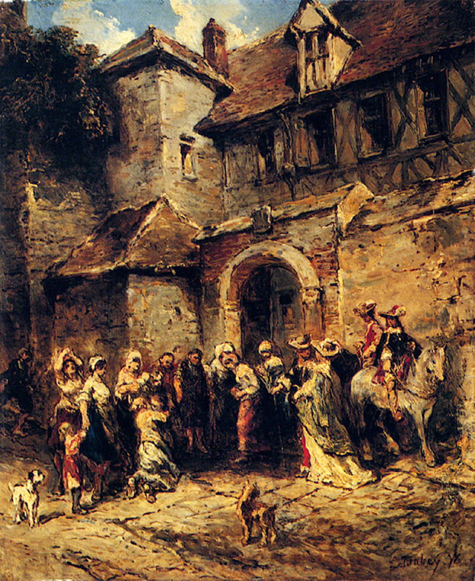 RZHRHJES Retro Picture Portrait Oil Painting Modern Wall Artwork Figures Outside a Doorway by Eugene Isabey Canvas Poster for Office Decor 60x90cm