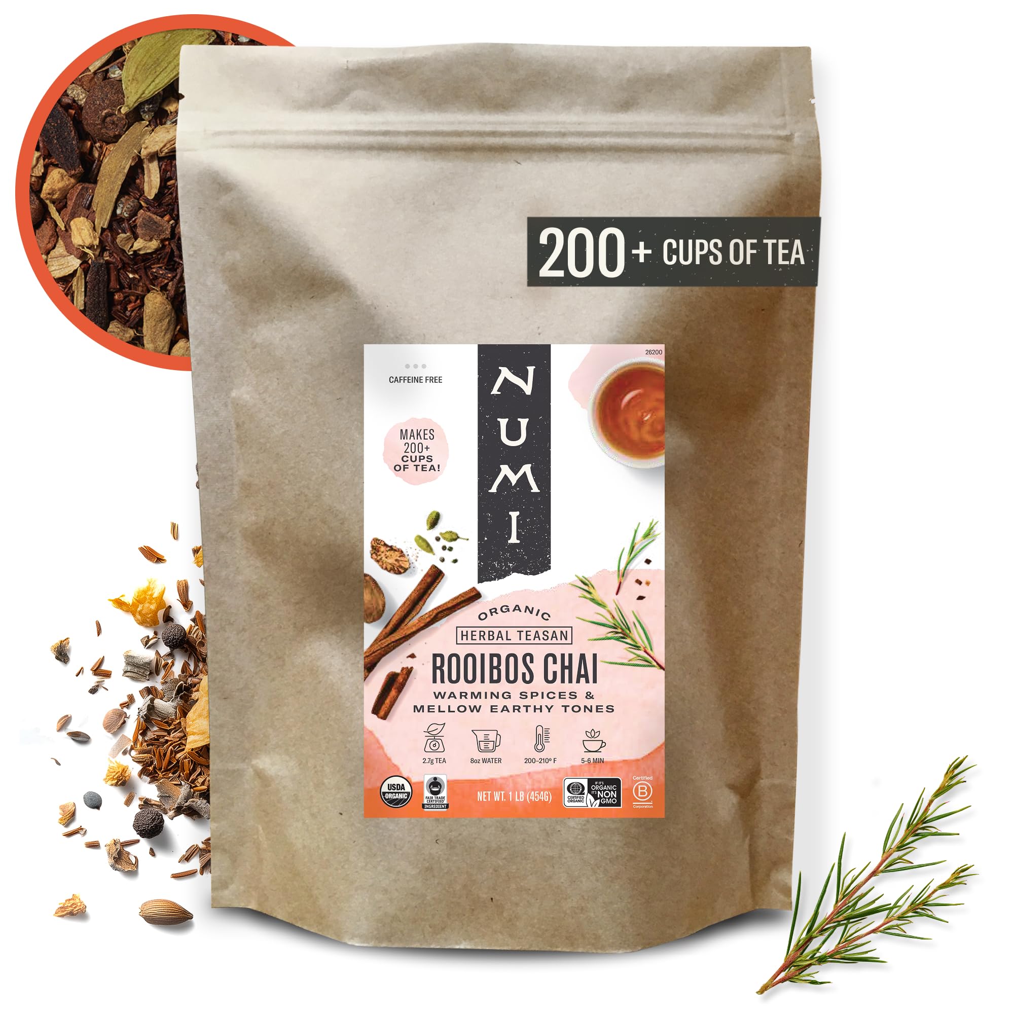 Numi Organic Rooibos Chai Tea Loose Leaf, Caffeine-Free Chai Tea with Spices, 16 oz Bulk Pouch, Herbal Tea, Smooth Bold Flavor Brews 200 Cups