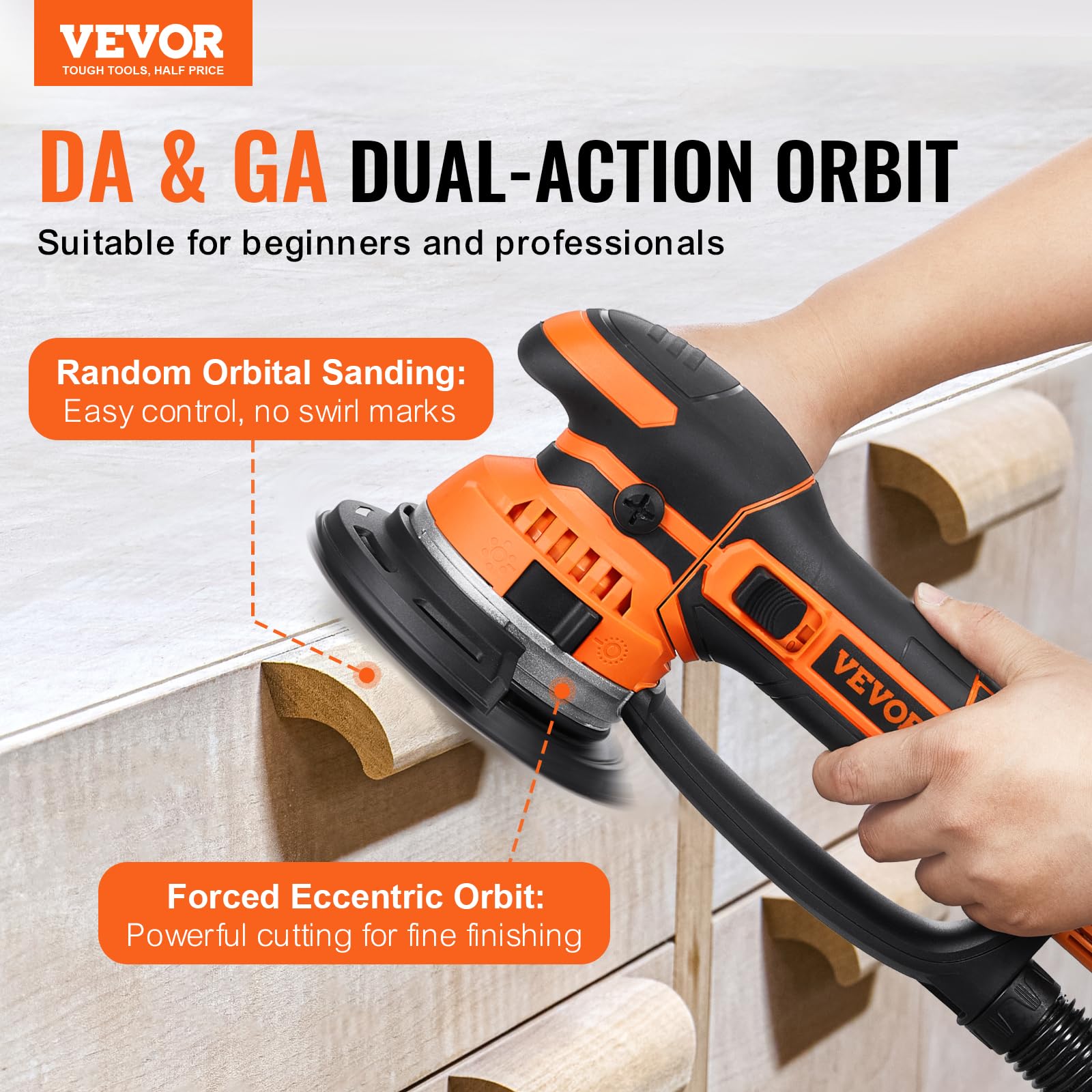VEVOR Ponceuse orbitale aléatoire, 152 mm, ponceuse excentrique électrique à double action DA et GA, 850 W, 6 vitesses variables, 10 papiers de verre, connecteur anti-poussière, pour ponçage du bois