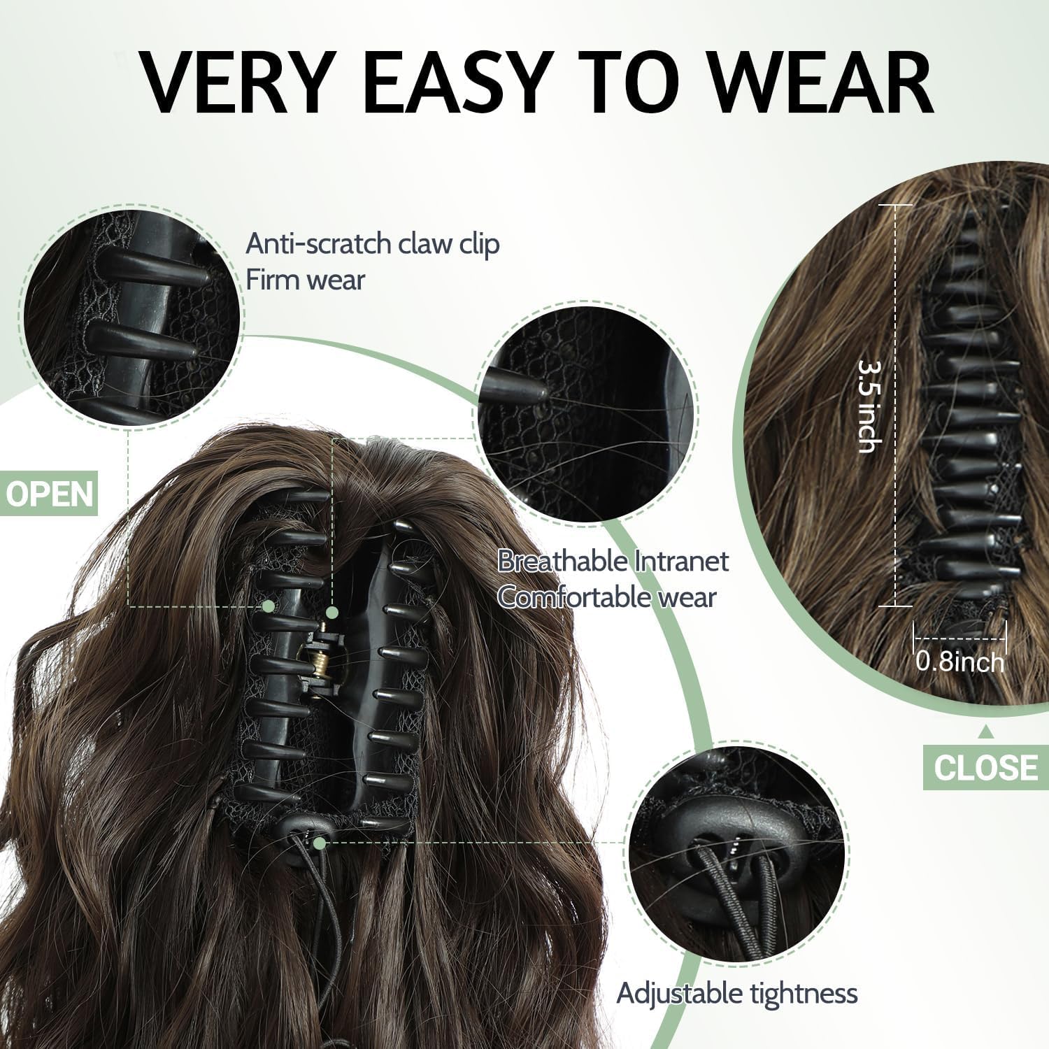 FINE PLUS Ponytail Extension Claw Clip - Curly Wave Synthetic Ponytail Hairpiece - 18inch - Rich Brown, Highlights Rich Brown, 18 Inch - Image 4