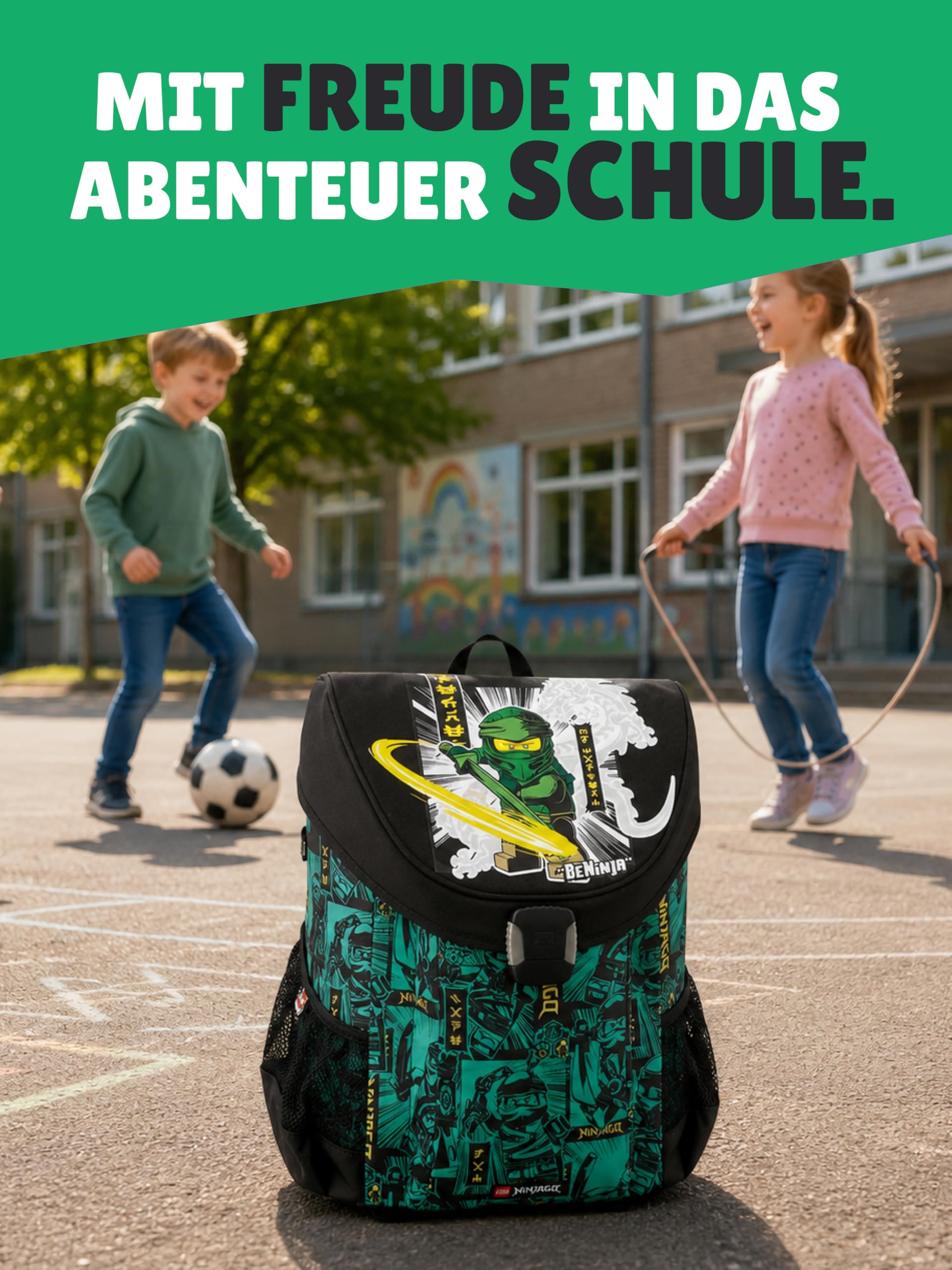 Familando - Schulranzen Set 7-teilig mit Lunch-Set - Lego Easy Green Ninjago - Ergonomisch, stabil & mit gepolstertem Rücken - 790g leicht mit 21L Volumen - mit Reflektoren - Ab 1. Klasse