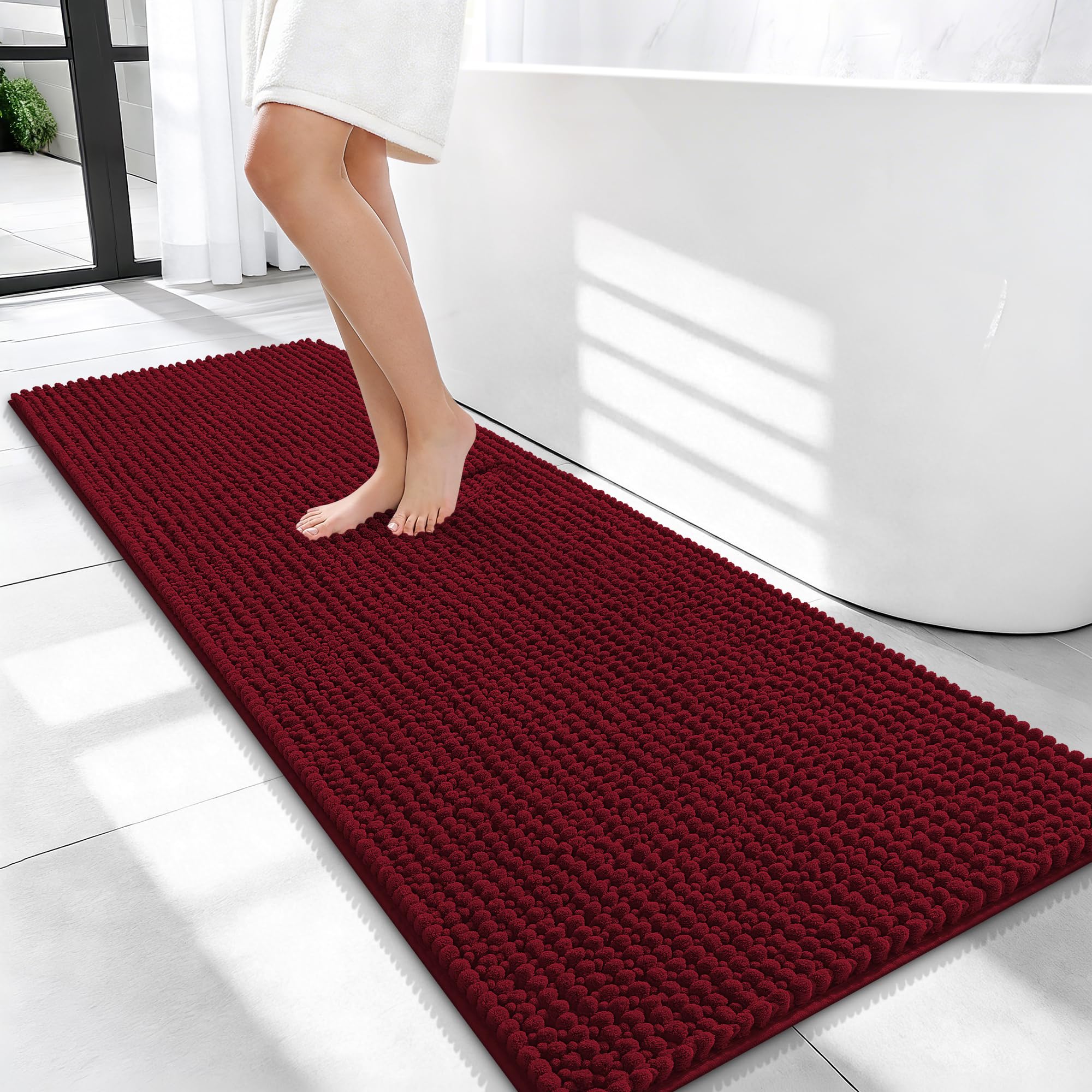 OLANLY Thick Chenille Bathroom Runner Rugs Mats 47x20, Burgundy