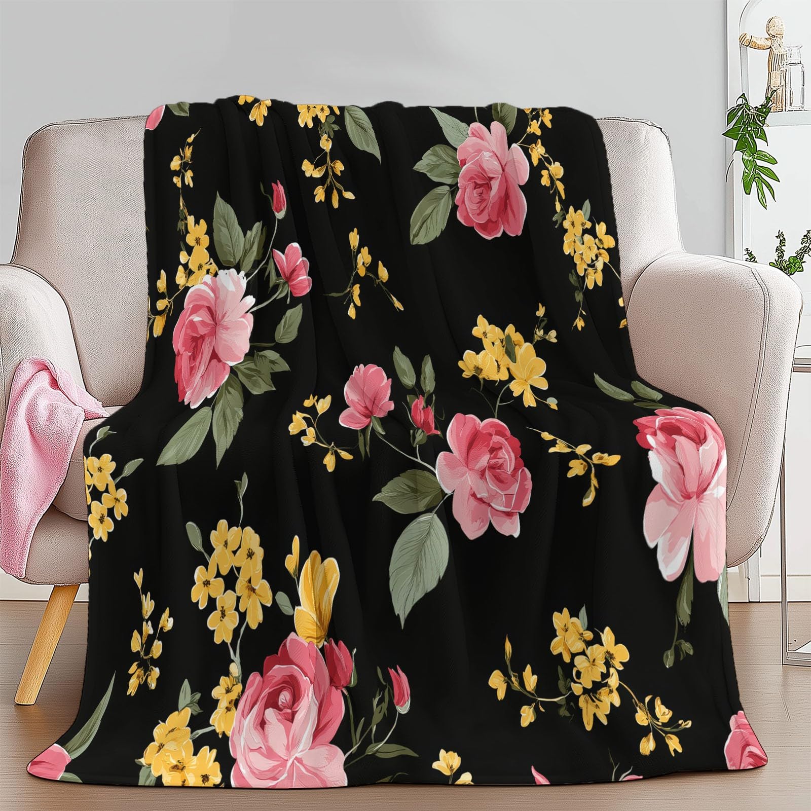 Manta pequeña con estampado floral negro, 180 x 200 cm, suave y acogedora, manta térmica de franela para niños y niñas, cama y sofá, manta mullida