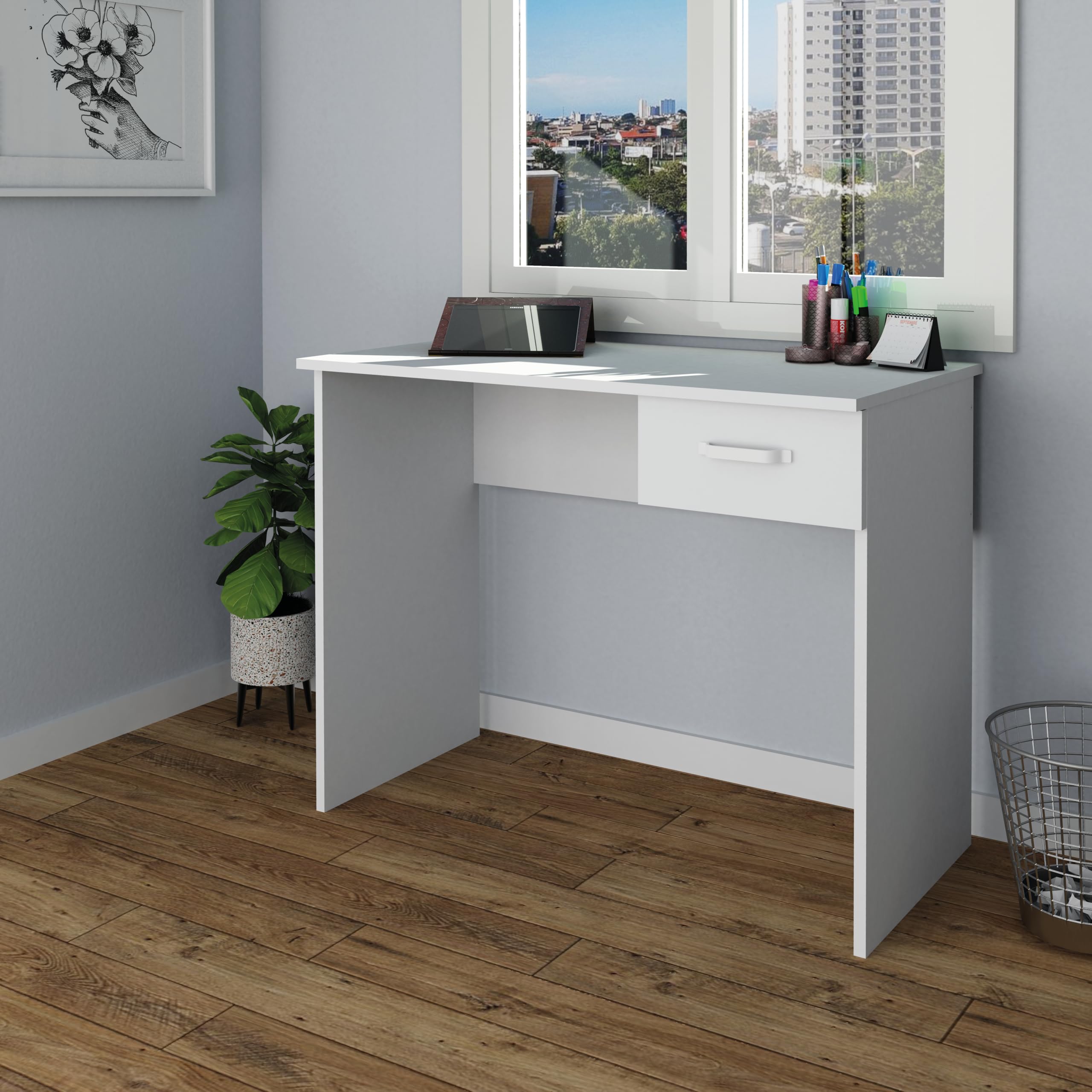 briebe Mesa Escritorio Ordenador Pequeña 75x90x50cm (Alto x Ancho x Profundo), 1 Cajón Almacenamiento, Oficina, Habitación Juvenil, Desk, Tocador, Prakt Blanco