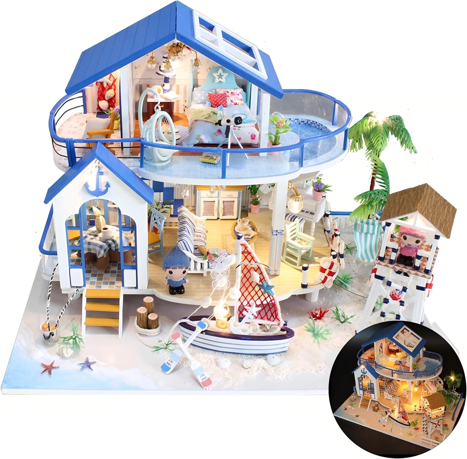 DIY Miniature Dollhouse Kit, Mini House Building Kit for Adults, Tiny House Making Kits with LED Light, Hobby Craft Christmas Decorations Birthday Gifts for Adults (Blue Sea Story)