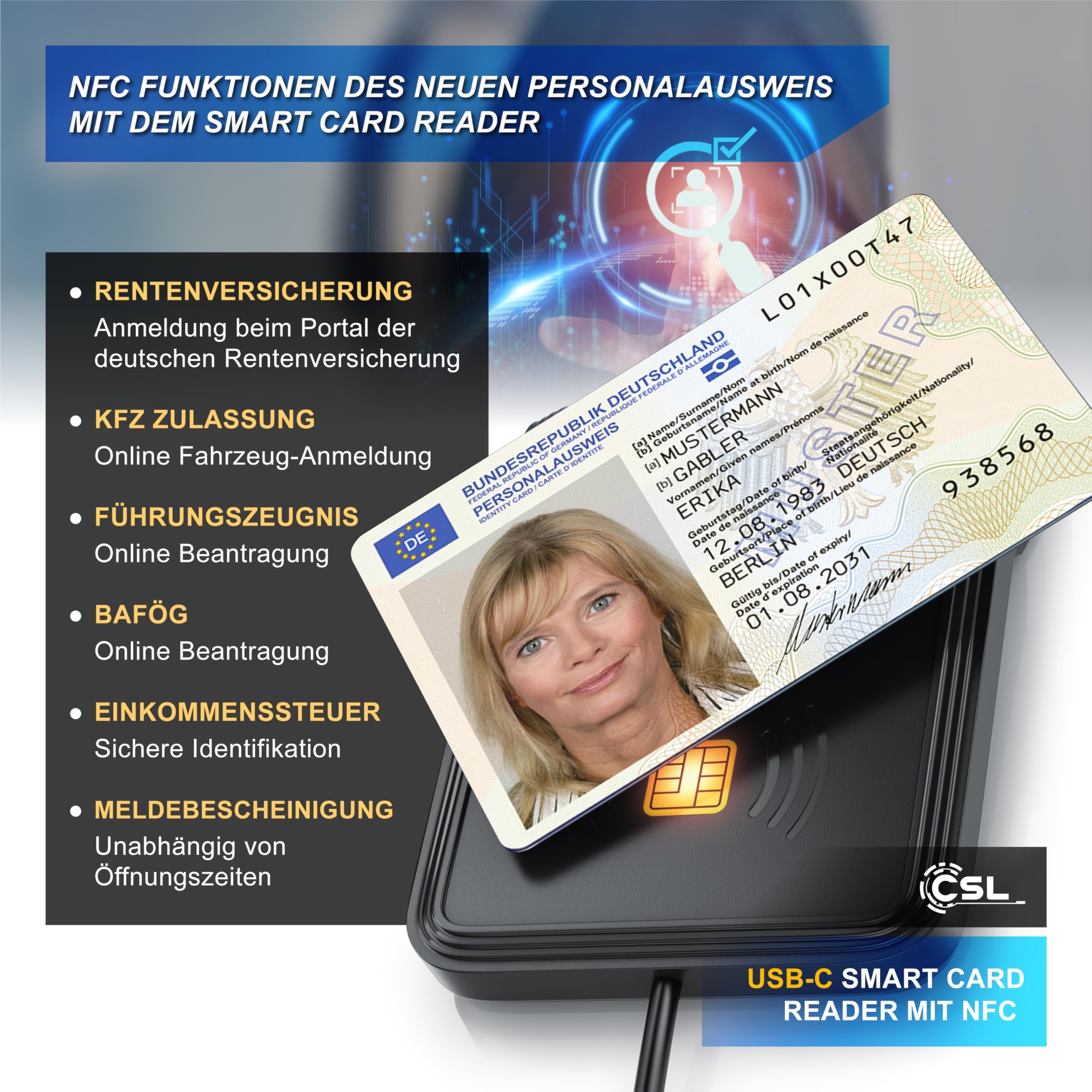 CSL - USB C Chipkartenleser mit NFC - SmartCard Reader - SIM Kartenlesegerät - ISO 7816 – ISO 14443 - Windows 7-11 - für den neuen Personalausweis Krankenkassenkarten Bankkarten - kein EPA