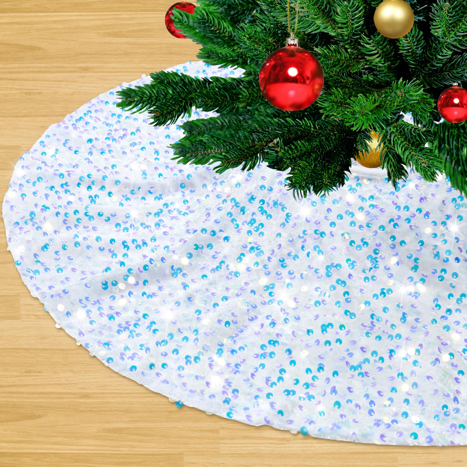 Falda De Árbol De Navidad Azul Con Lentejuelas - 122 Cm, Felpa Suave, Base Decorativa
