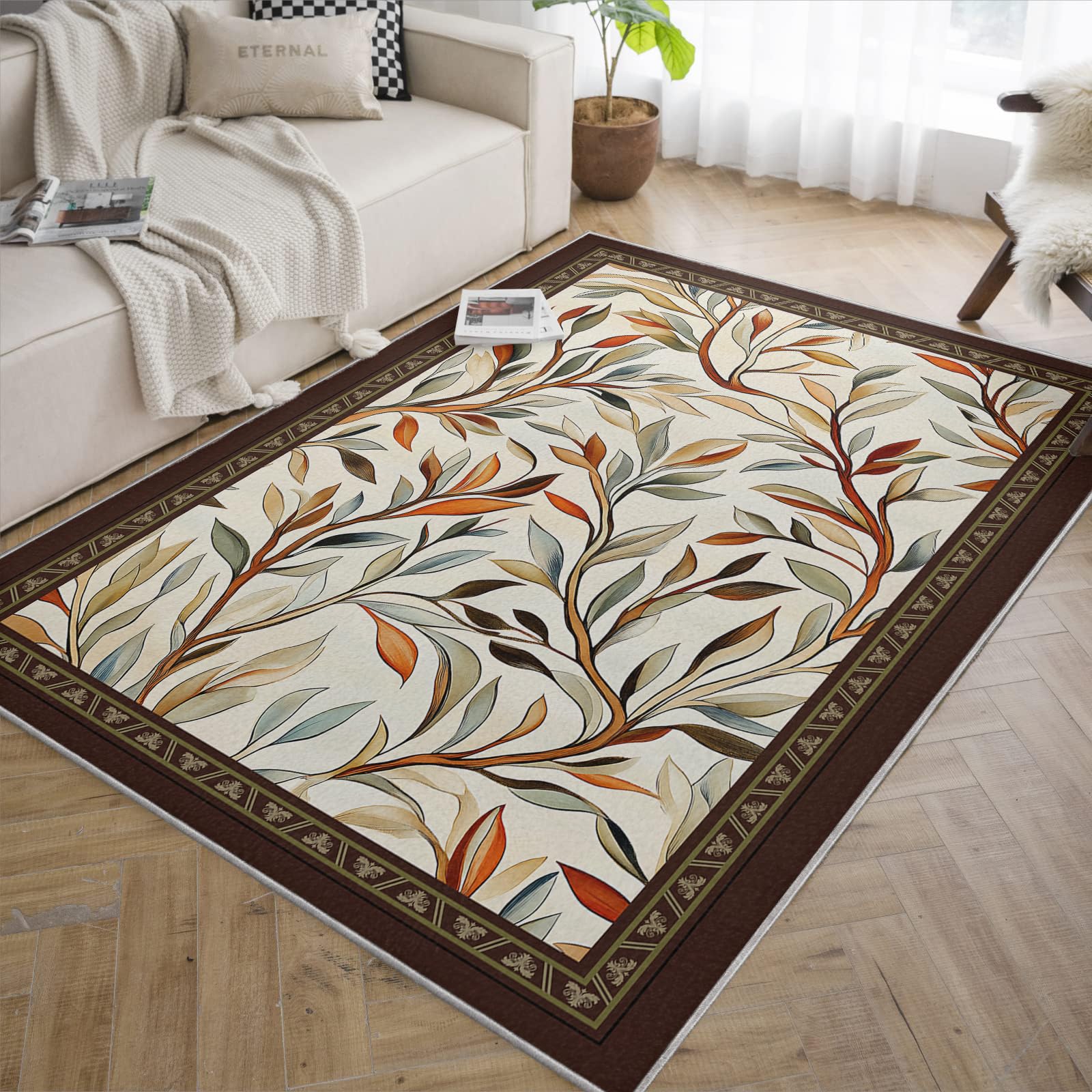 Tapis de sol botanique pour salle à manger avec bordure colorée vibrante