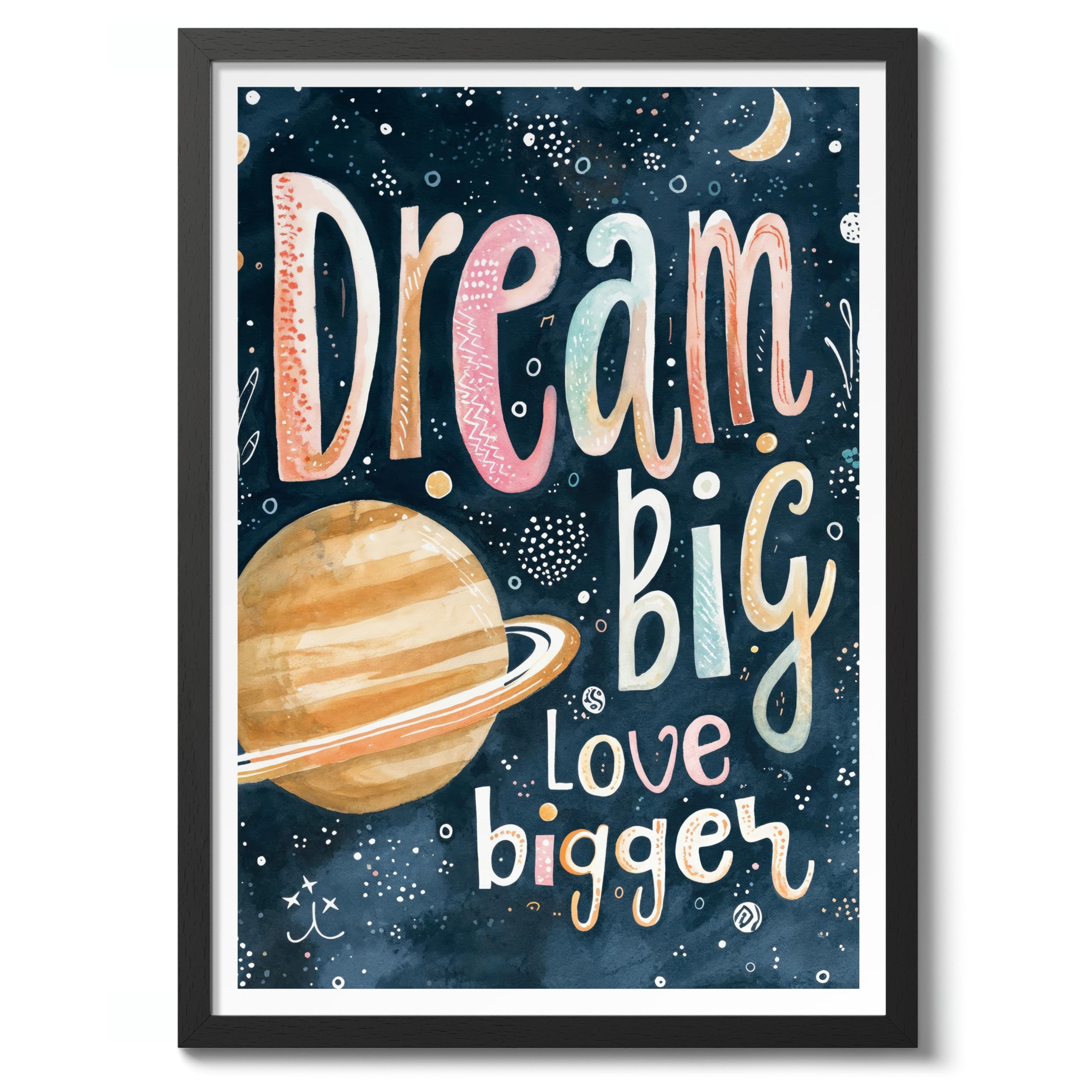Dream Big, Love Bigger Nursery Prints, Kids Space Poster Baby And Toddler Wall Art Bedroom Decoration For Boy And Girl, A1 (Black Frame) - 86.9x62.4cm