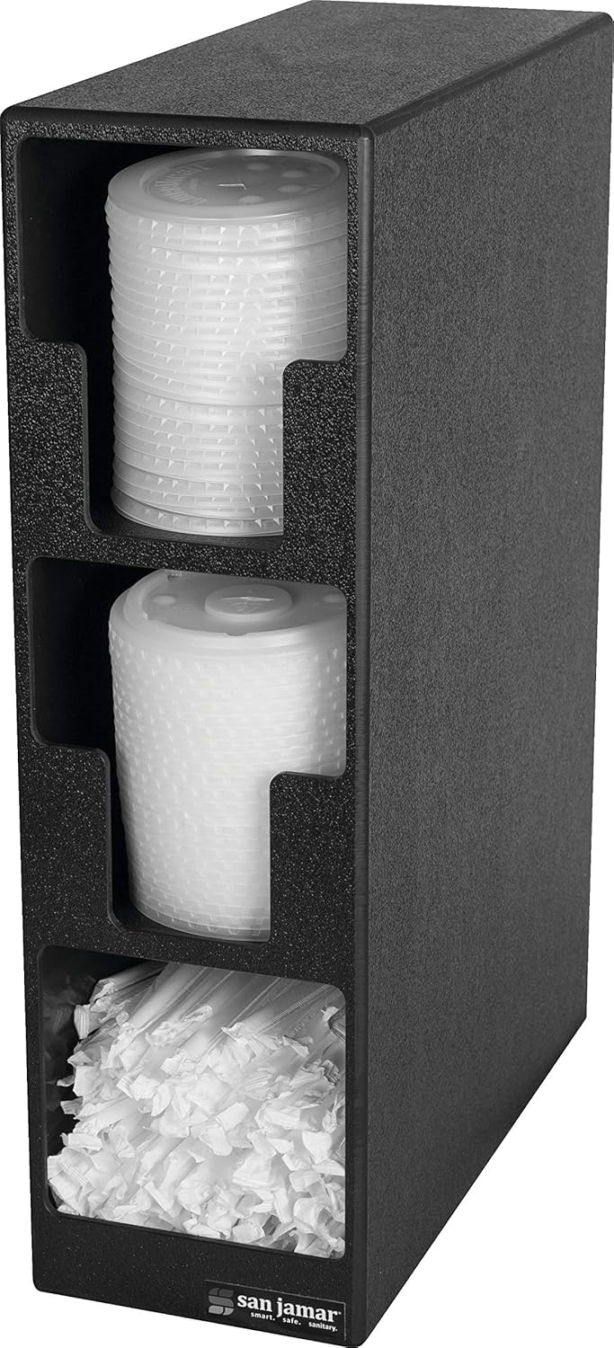 San Jamar Lid and Straw Tower with 2 Lid Compartments and 1 Straw Compartment for Restaurants, Dining Halls, and Fast Food, Plastic, 18.75 x 5.5 x 13 Inches, Black