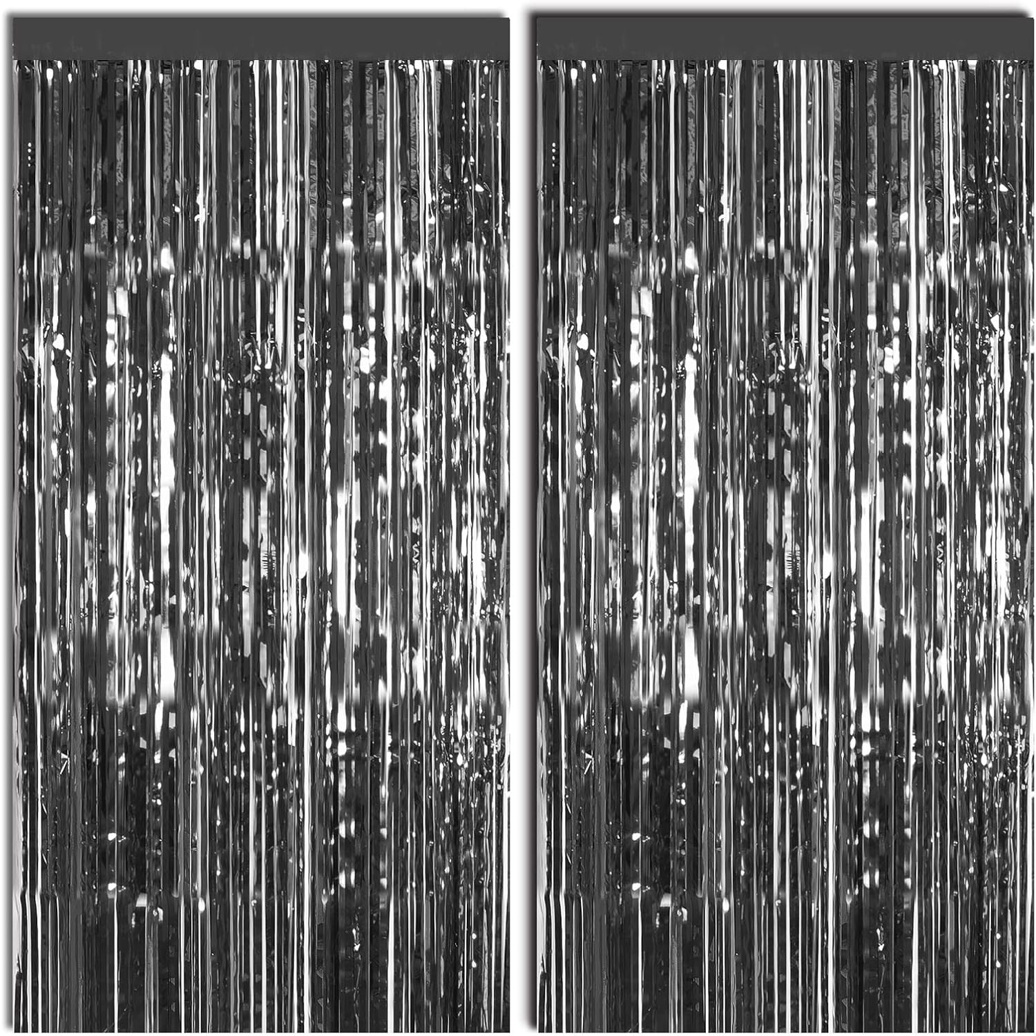 ASTARON 2 Pack Black Foil Fringe Curtain Metallic Foil Tinsel Photo Booth Backdrop Streamer for Birthday Halloween Christmas New Year Event Party Decor