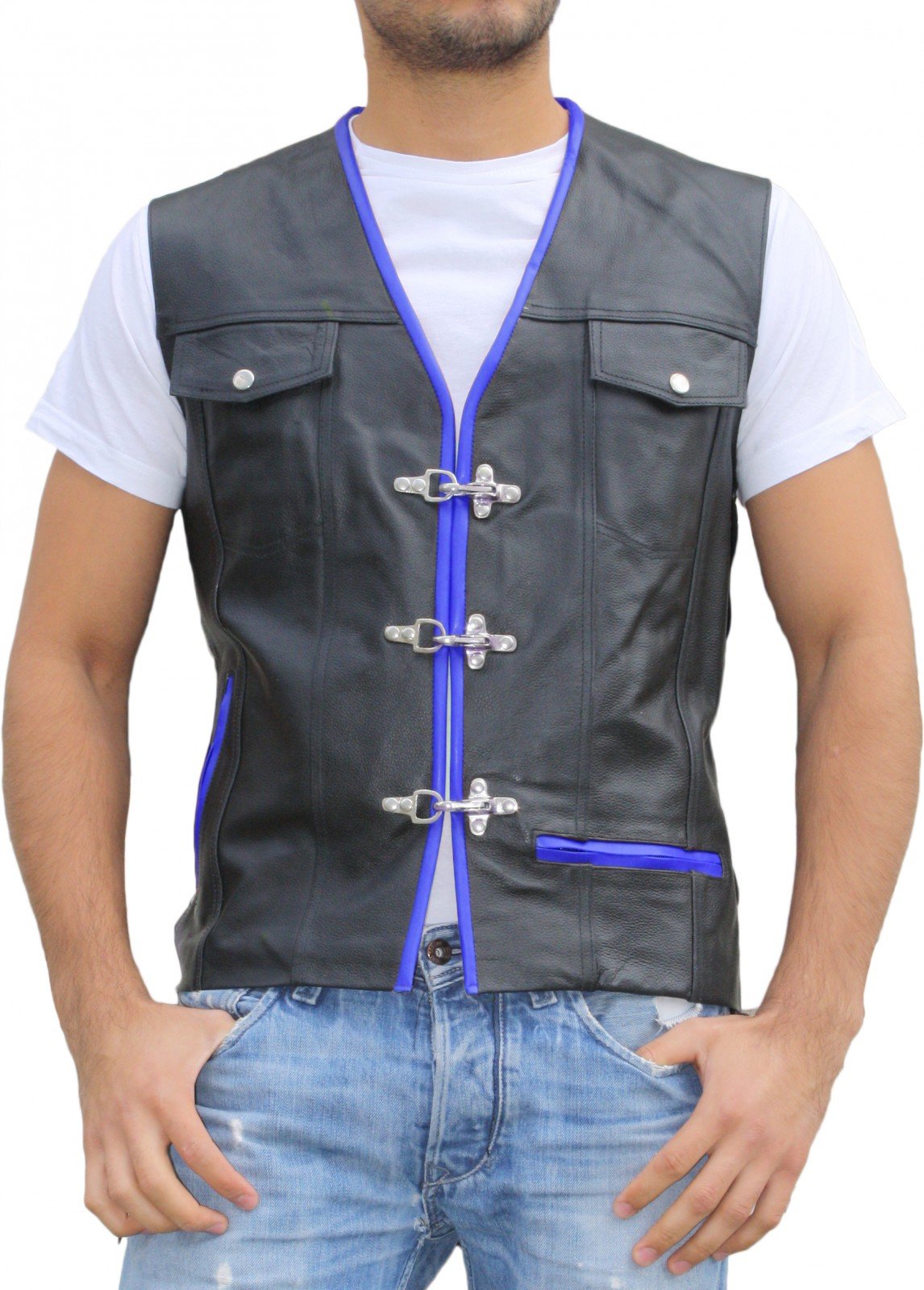 German Wear Lederweste Herren Motorradweste Bikerweste aus echtem Kalbsleder mit seitlicher Schnürung Karabinerhaken und Taschen Ärmellos Schwarz Blau