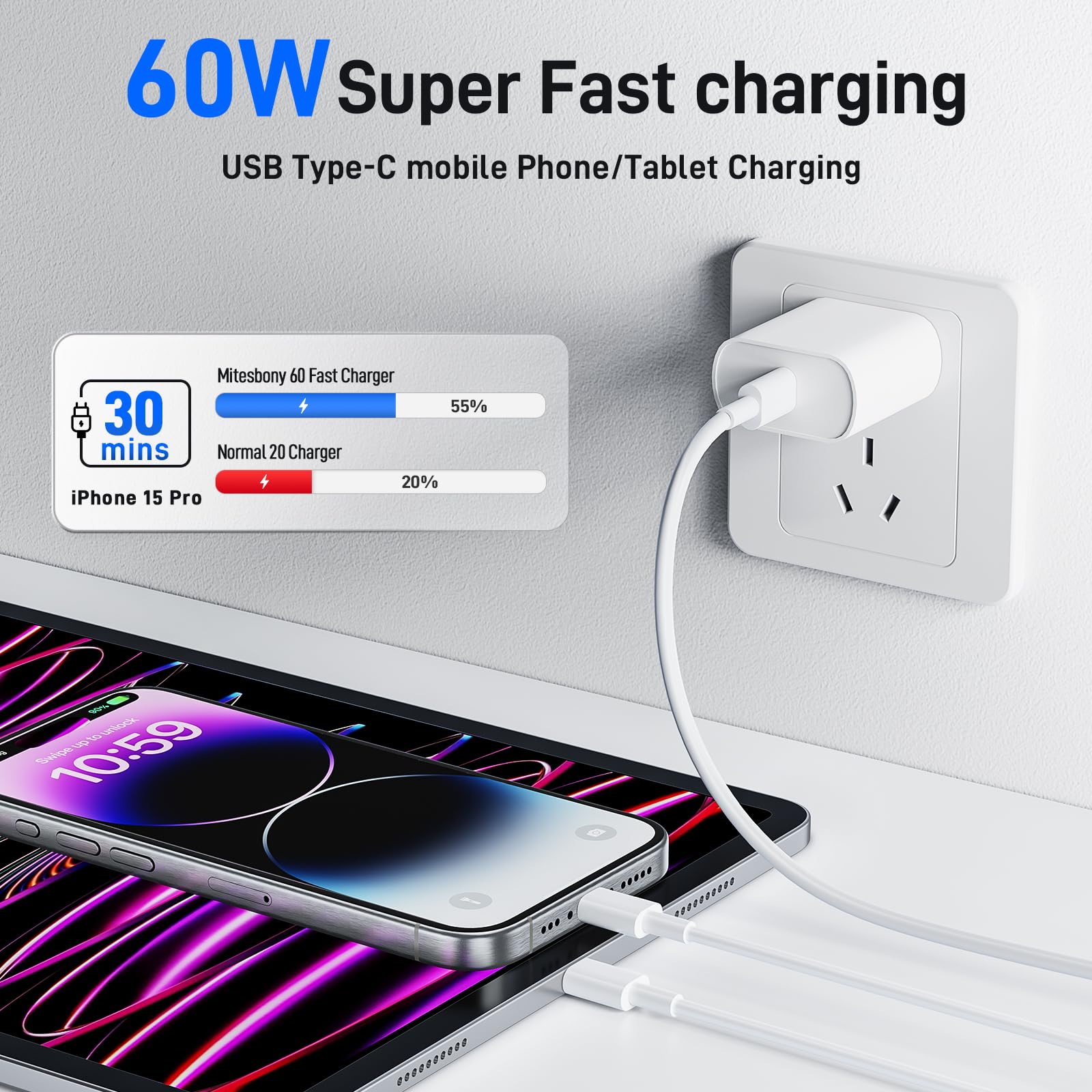 Gourde USB-C to USB-C Cable 6ft 3-Pack, 60W Fast Charging Cable for iPhone 16/15 Pro Max Charger Cable, Compatible with iPad Mini 6/Pro 2021, iPad Air 4, MacBook Air, and Galaxy S23 Switch