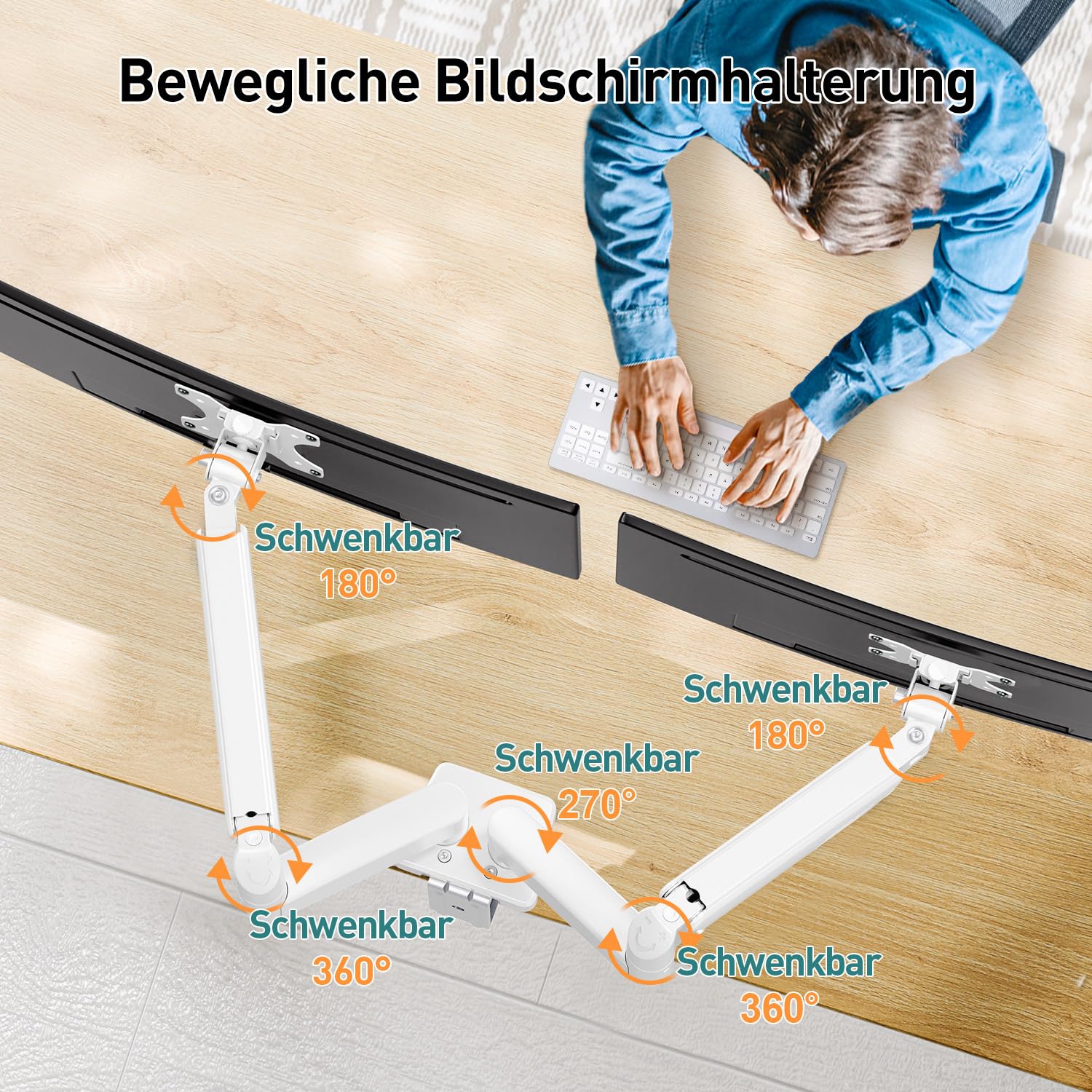 ELIVED Dual Monitor Halterung 2 Monitore weiß für 13-32 Zoll Bildschirme mit VESA 75/100, Gasdruckfeder 2 Monitorhalterung schwenkbar 180°, Drehbar 360°, Höhenverstellbar Monitor Arm, 9kg/Arm