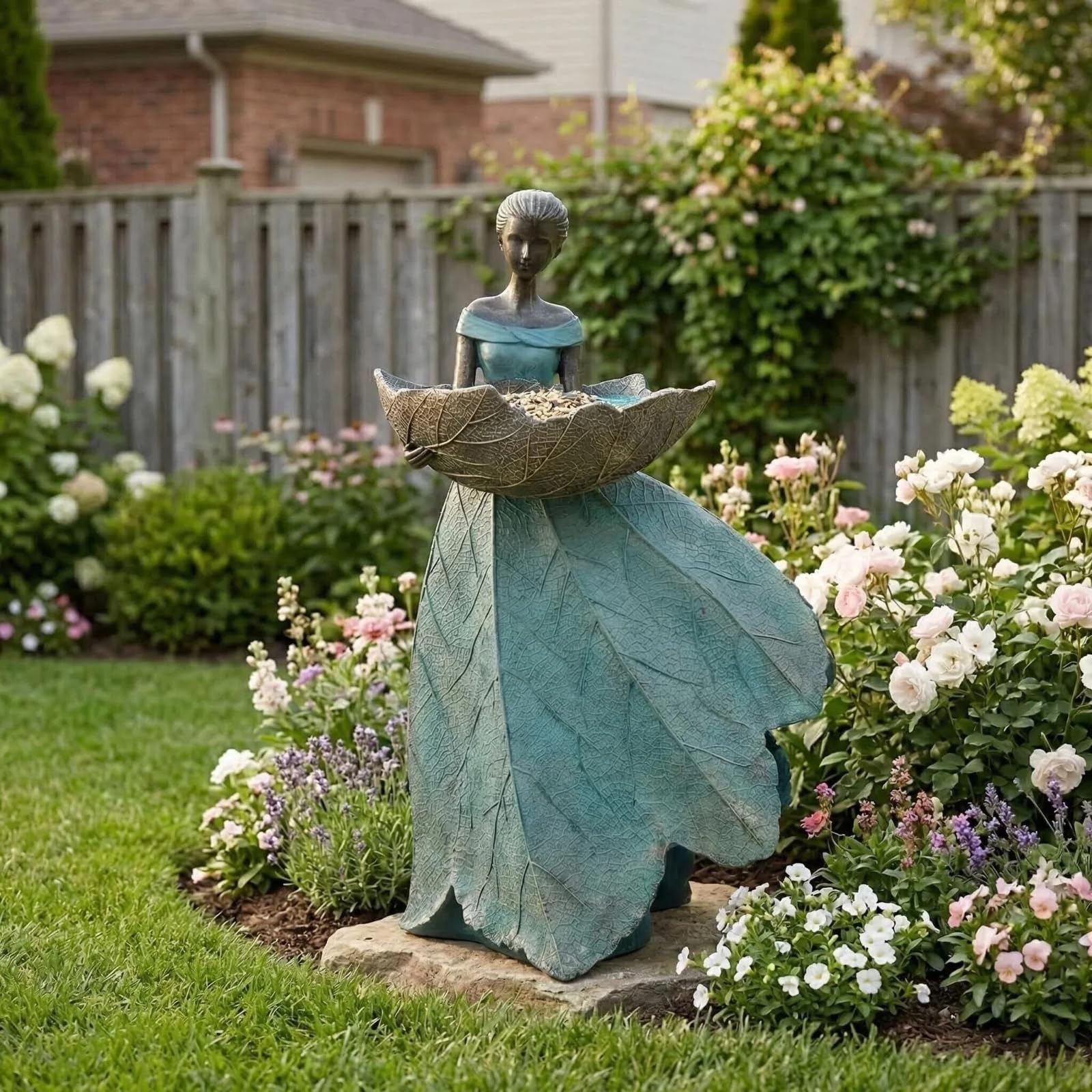 DiliComing Feengartenstatue, Vogelfutterstation – 30,5 cm, Feen-Statue für Heimdekoration, Kunstharz, Outdoor-Statuen für Gartendekoration, tolles Vogelfutterhaus, Gartengeschenk für Frauen, 30,5 x