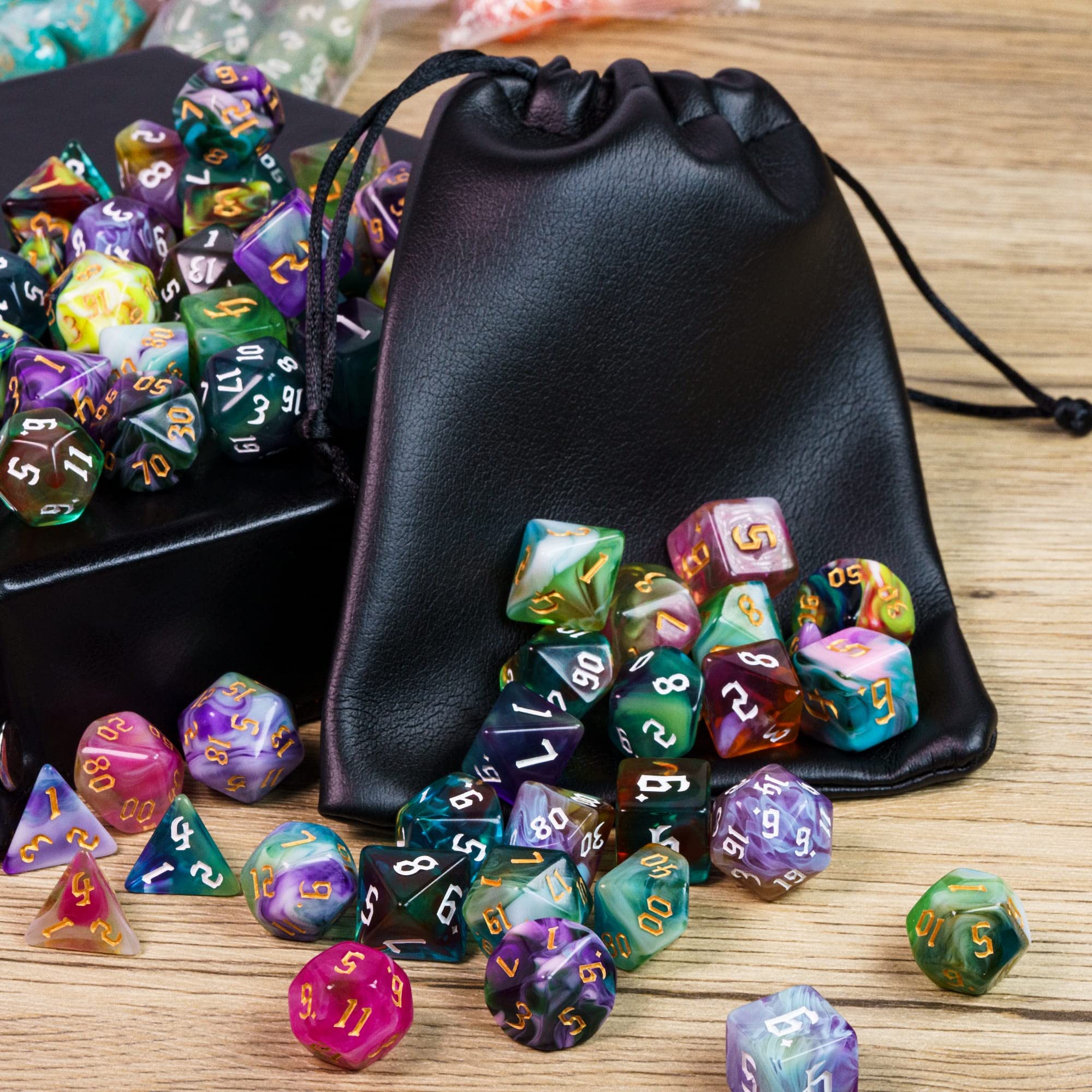 Lot de 8 dés polyédriques, 56 dés DND avec 2 grands sacs en cuir, jeu de dés D&D pour Donjons et Dragons, RPG, jeux de table MTG