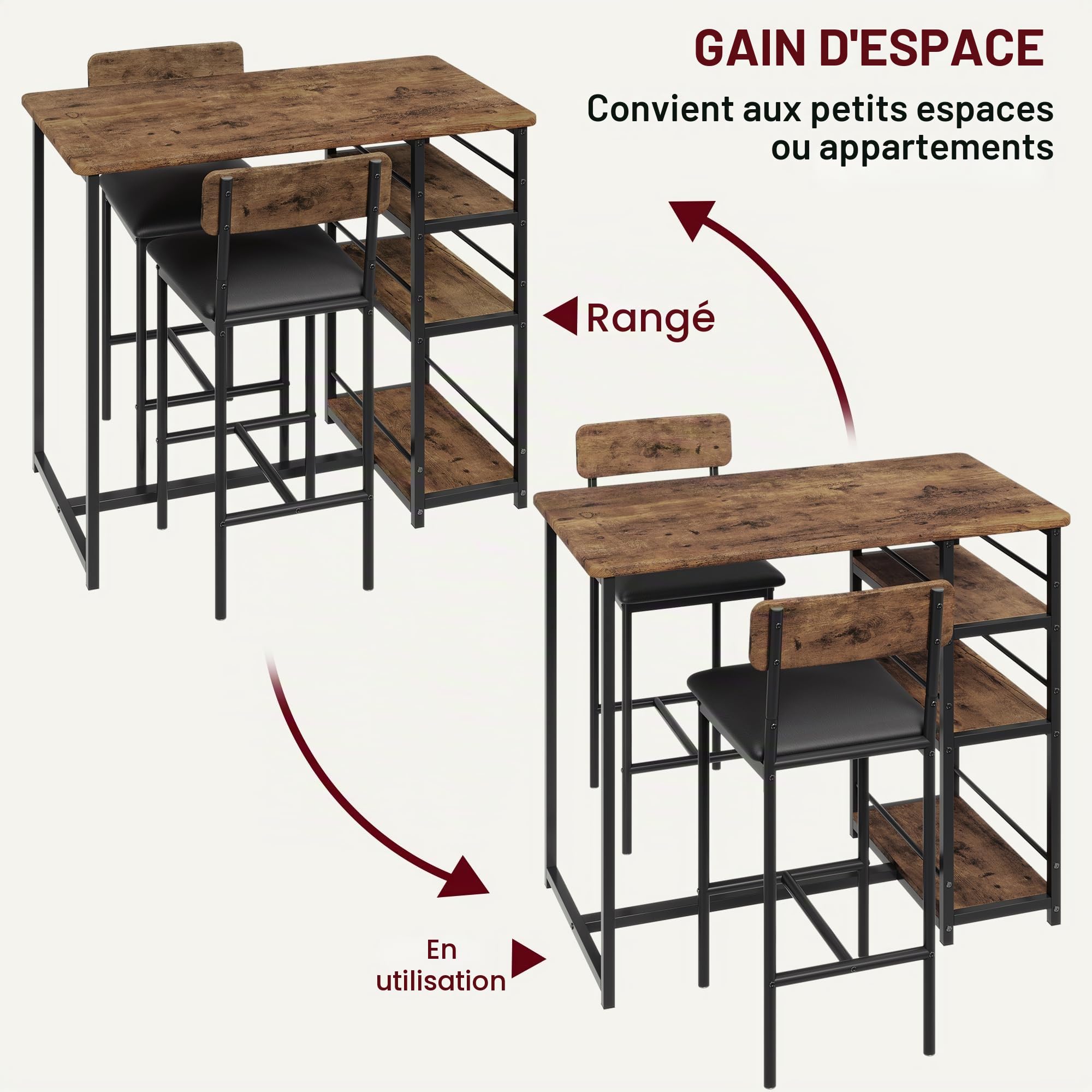 Ensemble Table de Bar avec Tabourets，Ensemble table de cuisine,Table à Manger Debout avec 2 chaises de Bar,Table Haute Cuisine avec avec 2 étagères et Porte-Bouteille de vin,pour Cuisine, Salon