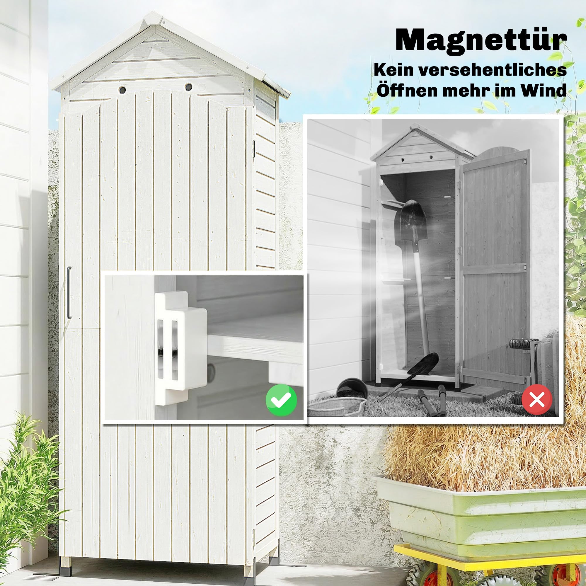 Outsunny Armario de jardín de madera extraalto con estante ajustable, puerta galvanizada, techo, ventilación, protección antivuelco, 85 x 58 x 213 cm, para jardín, terraza, color blanco