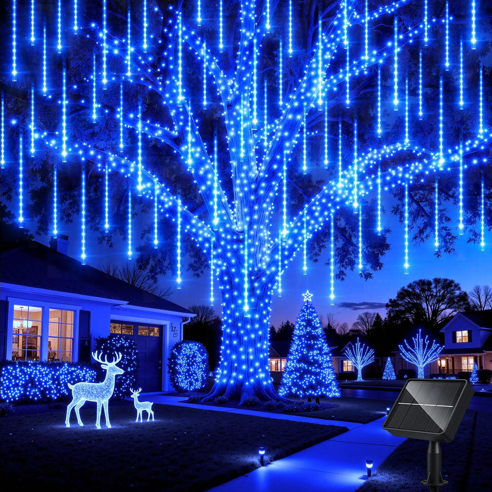 Minetom Solar Meteor Shower Lights 20 Tubes 16 Inch 720 LED Solar Christmas Lights Outdoor Waterproof, Snow Cascading String Lights for Outside Christmas Halloween House Tree Decoration, Blue