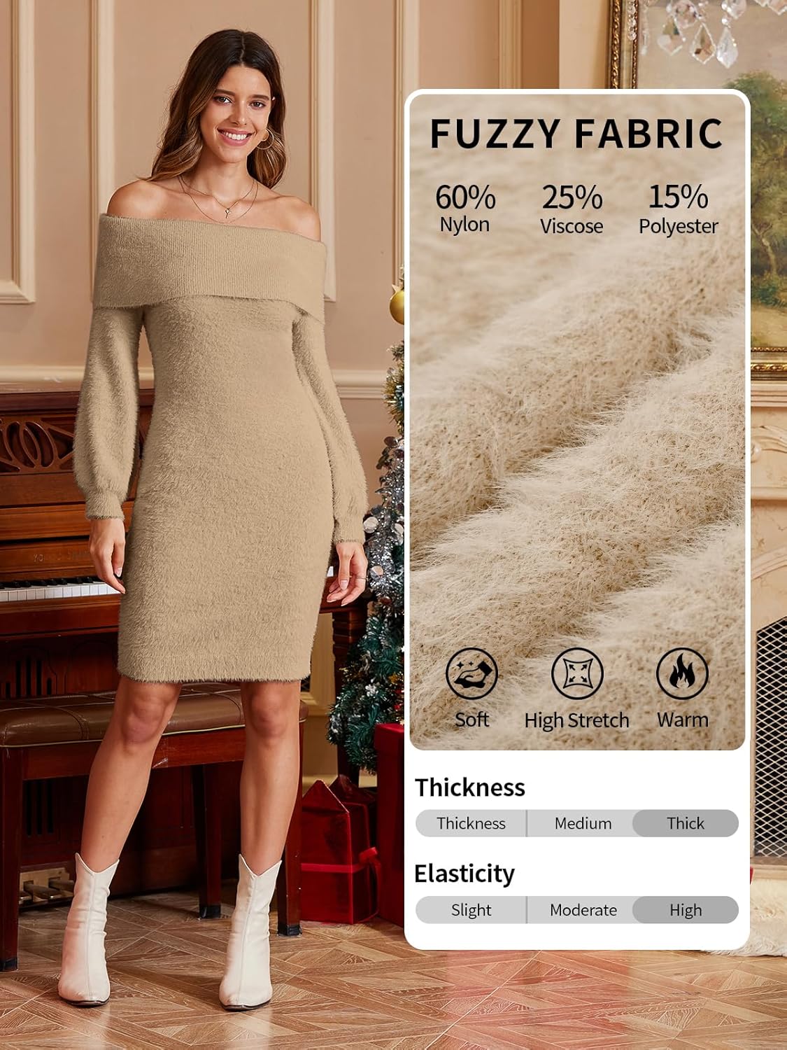 V FOR CITY Maternity Sweater Dress for Baby Shower Off The Shoulder 2025 Winter Fuzzy Puff Sleeve Bodycon Party Dresses - Image 3