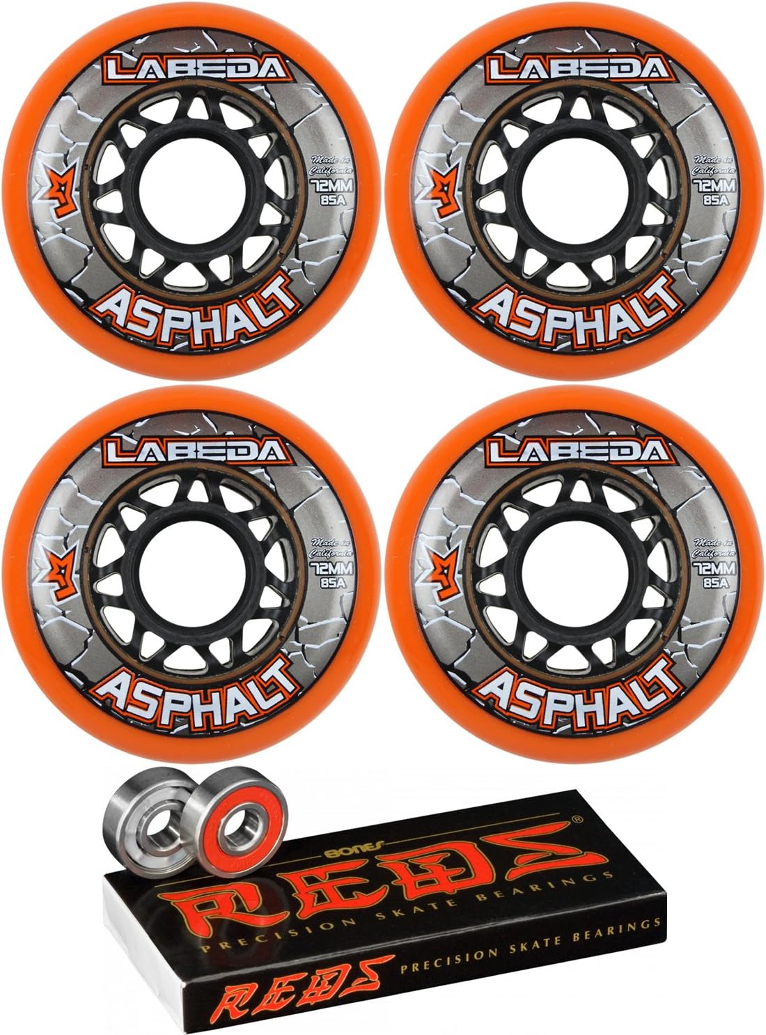 Labeda Asphalt Inline Roller Hockey Wheels 72mm Orange 85A 4-Pack Bones Reds