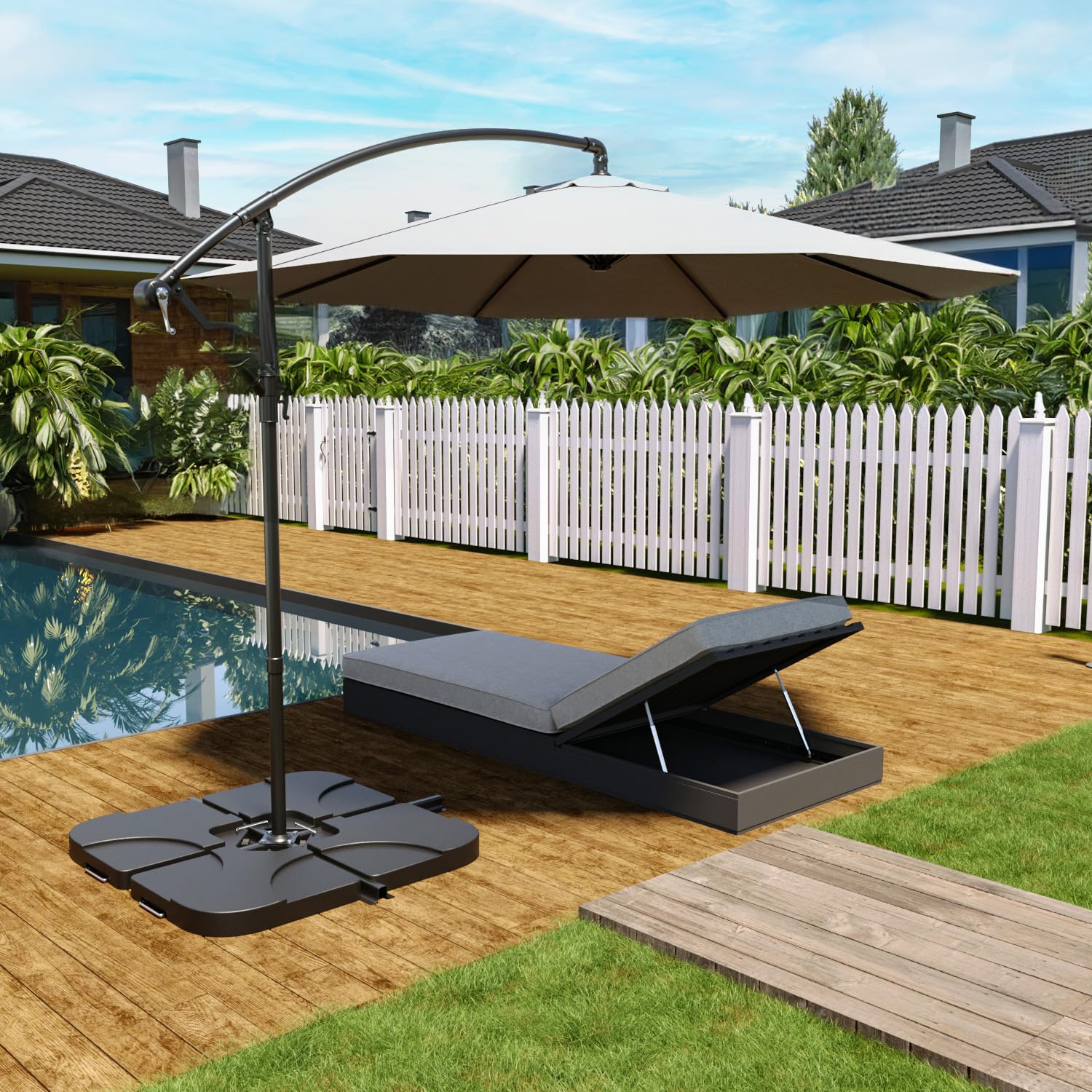 Set 4 Supporto Pesi Base Ombrellone Parasole Da Giardino In Plastica HDPE Riempibili Con Acqua E Sabbia 60 Litri / 100 Kg Adatti Per Ombrelloni Base A Croce 50 x 50 x 7.5 cm Nero
