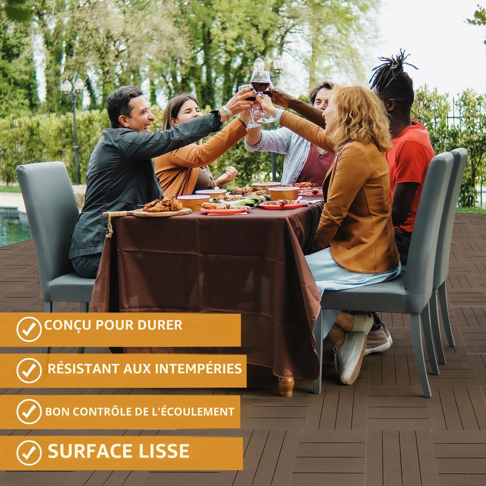 LEADZM Lot de 27 Dalles clipsables exterieur Caillebotis imitation bois, Matériau WPC, dalle terrasse exterieur, Convient pour les terrasses, balcons, vérandas, abris de jardin, etc.