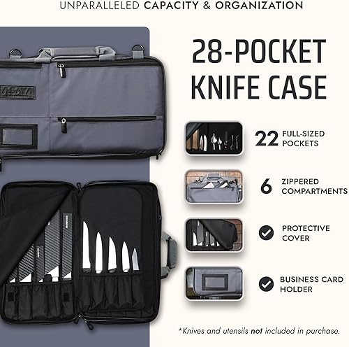 Miniatura 2 de Asaya Bolsa para cuchillos de chef, 28 bolsillos para cuchillos y utensilios de cocina, nailon balístico duradero, accesorios de acero inoxidable