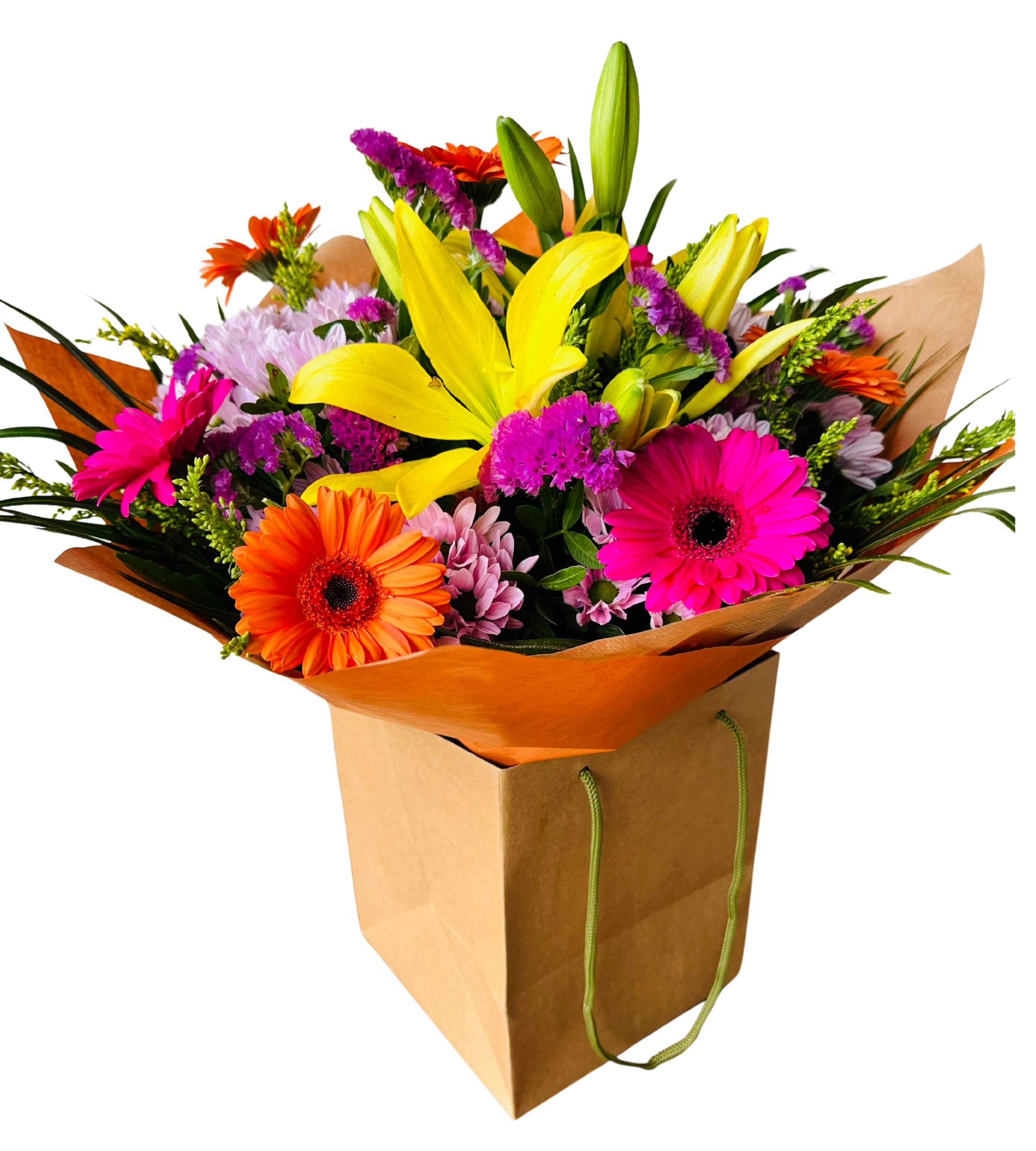 Good Vibes Bouquet Fresh Flowers for Birthday, Anniversary, Get Well, Thank You, Any Occasions, trends art bespoke house delivered Handcrafted Floral Arrangement Lily, Gerbera and Limonium