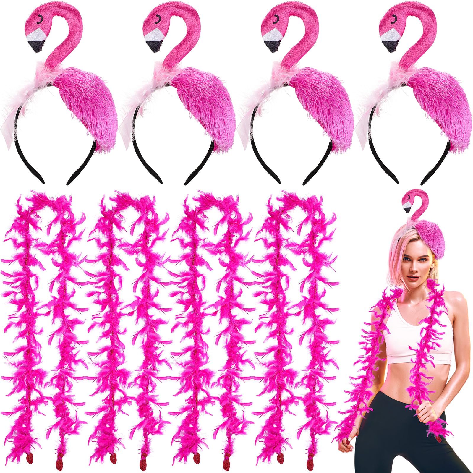 8 Pcs Hawaii Flamingo Headband Pink Feather Boa Set Flamingo Headdress Costume Accessories Hair Hoop for Carnival Tropical Summer Party Women Girls Kids Adult Hair Decoration